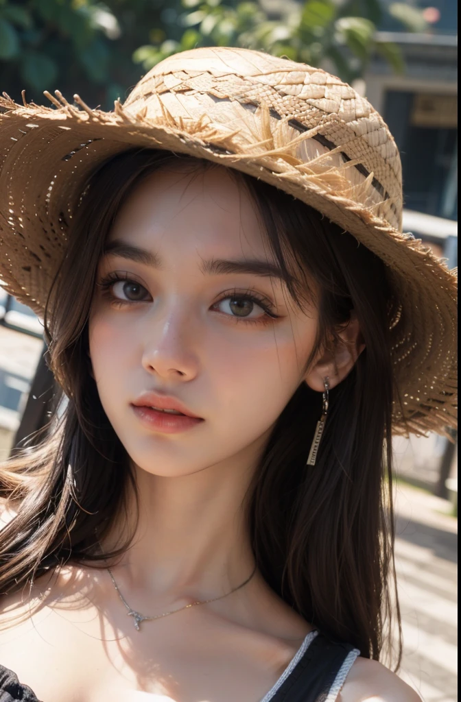 (best quality, 8k,32k,masterpiece, UHD:1.2),extremely detailed CG unity 8k wallpaper,intricate details,Raw photo,(photorealistic:1.4),atmosphere,ultra high res,Realistic,Real,Huge_filesize,incredibly absurdres,(centered:1.3),Ultra illustration,(ultra-detailed),cinematic lighting,various colors,depth of field,art by krenz cushart,golden hour lighting,taken by Canon EOS,SIGMA Art Lens 35mm F1.4,ISO 200 Shutter Speed 2000,blurry background,
BREAK,
1girl,slim body,(long straight hair:1.4),solo,20-year-old Japanese beautiful woman,(straw hat:1.5),(Brown hair:1.5),((brown eyes)),Large breasts,chest, Soft white skin that shines with every detail,pale skin,Very beautiful face,Very well-formed face,Natural and realistic face,Best,beautiful detailed eyes,striking eyes,Eyes drawn in detail,Detailed mouth,Detailed lips,shiny beautiful lips,Glossy lips,simple earrings,necklace,jewelry, solo focus,low neckline,
BREAK,
Back lighting,kool,Standing,
BREAK,
(Dutch angle:1.4),cowboy shot,looking at viewer,
BREAK,tzuyu,yui aragaki,
