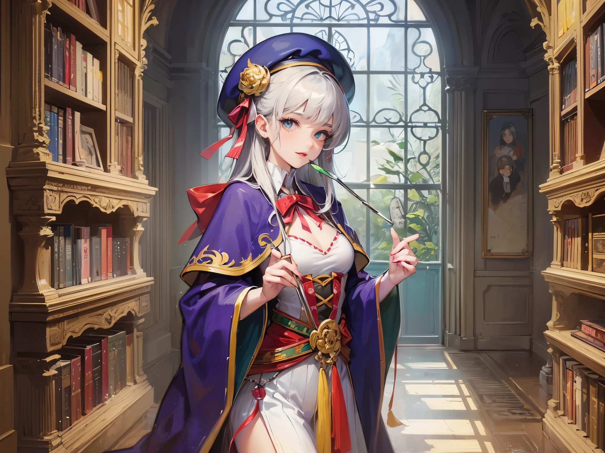 ((highest quality)),(ultra high resolution),(Super detailed),(detailed description),((best CG)),(best work of art),super precision art,amazing drawing art,(Fantasy art with precise details:1.5), (Female Scholar:1.5),(beautiful and well-shaped face:1.6),smile:1.5,(Intricately detailed robe:1.5),(carefully groomed hair:1.4),(beret:1.2), A bookshelf containing countless ancient documents,A magic lamp that illuminates the hall