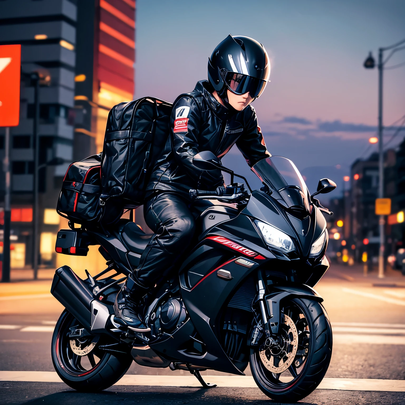 24 year old male, on a motorbike Vario 160 in the photo from the back wearing a full face helmet KYT YTT Course color black, facing slightly backwards, wearing a black jacket, black trousers, white shoes and ei photo on the shoulder of a straight road at night