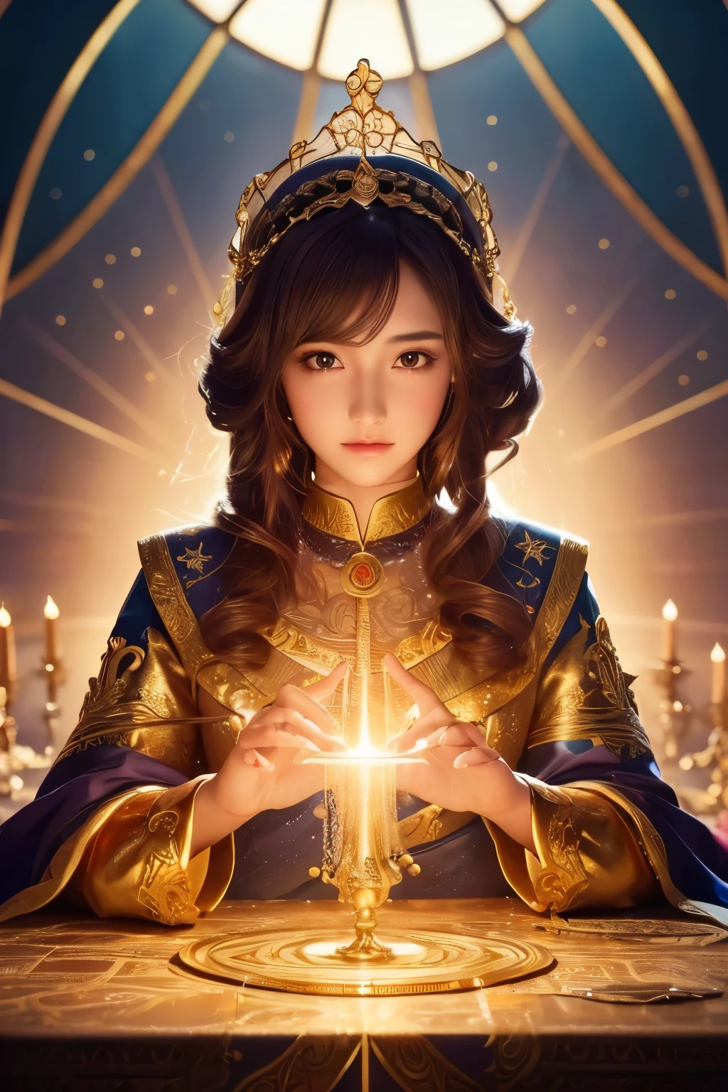 Cute girl　Magic Taoist　magic circle　sexy　Blonde　Sparkling Eyes　Lightning Staff　Jewelry box　Amethyst Pendant　