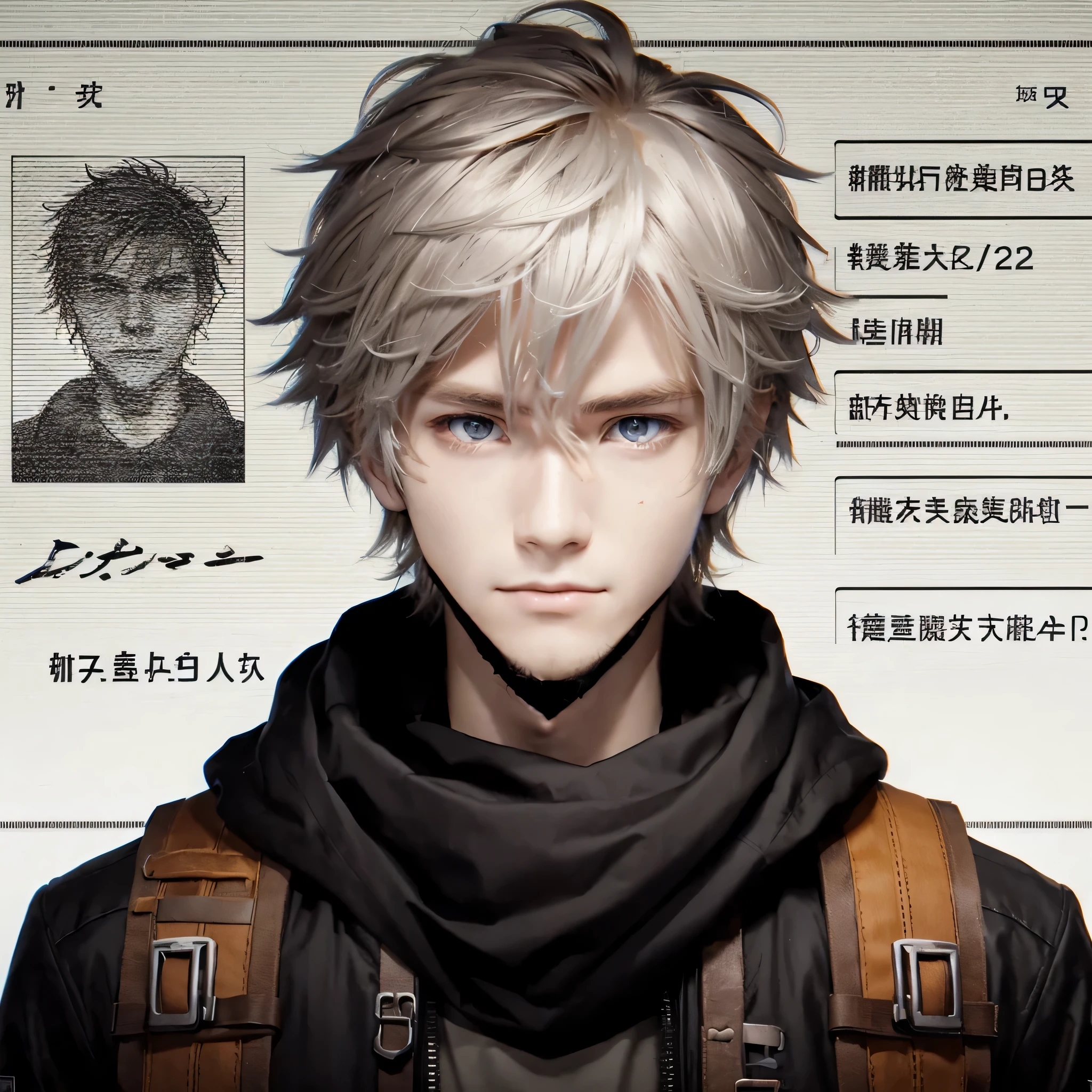 create an open identity passport in a dystopian apocalyptic era using Chinese languages of a handsome blonde haired anime style 22 years old boy wearing black and brown dystopian survivor clothes, he has grey silver eyes.