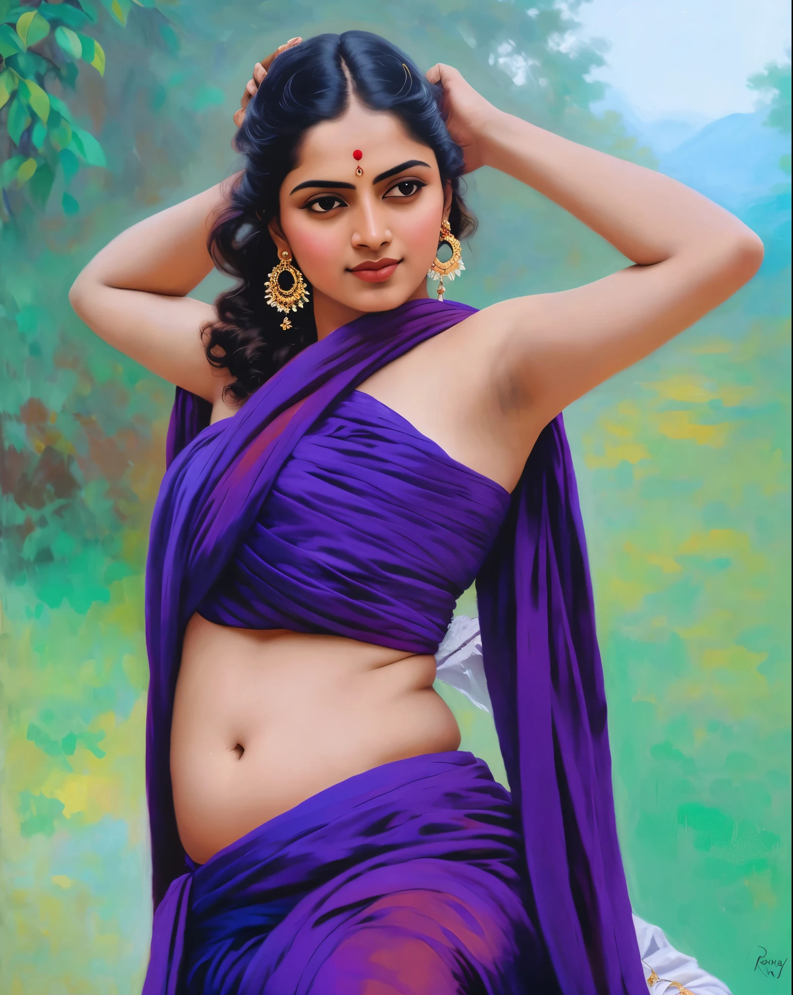 Reclining Nair Lady by artist Raja Ravi Varma, Realistic, 8K, ultra-detailed, Unreal Engine, midjourney art style impressionism, abstract, (oil painting , dry brushstrokes), negative space,