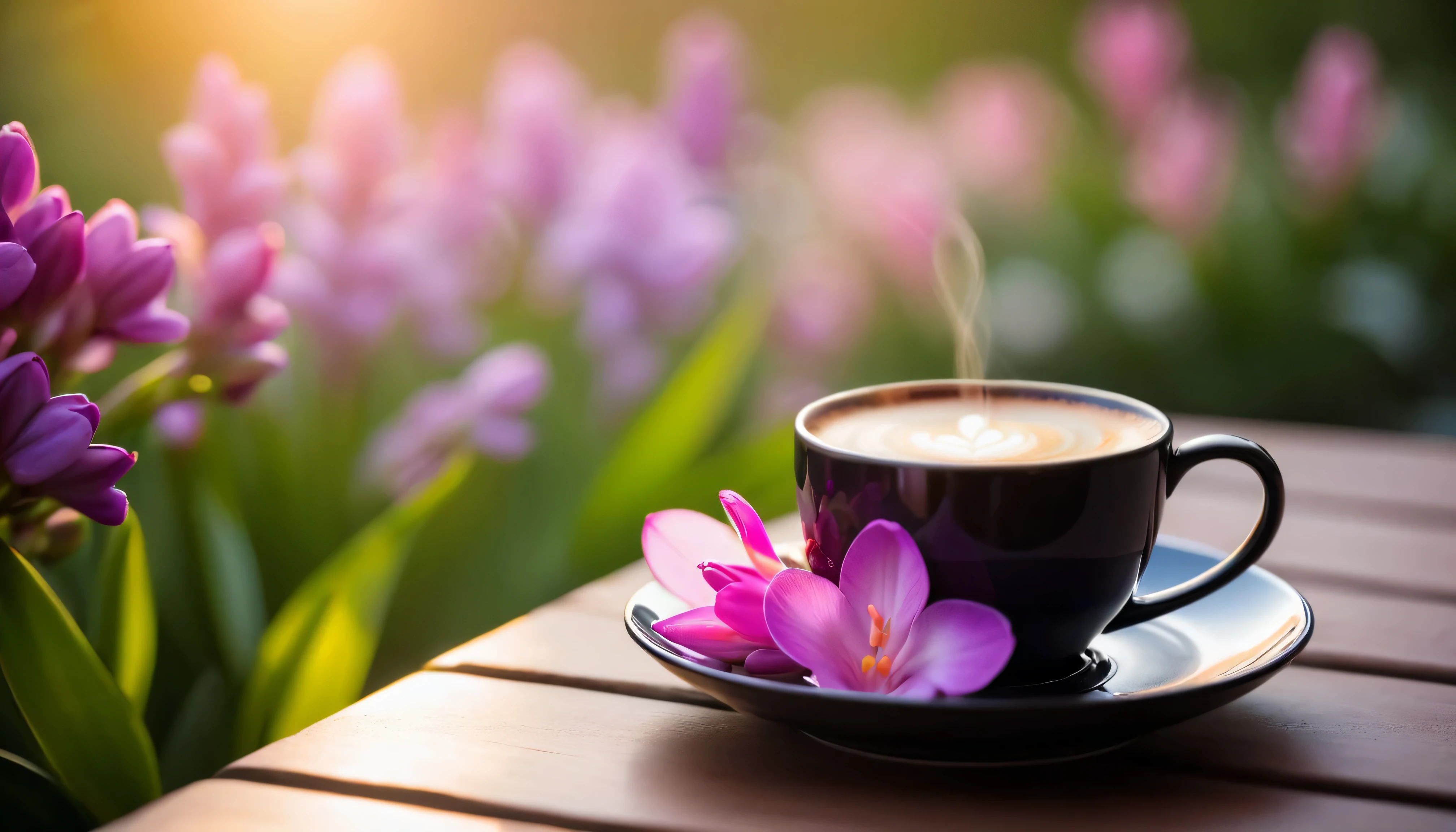 there is a a cup of coffee on a saucer with a flower in the background, Black frosted ceramic coffee cup, photos taken, Pixel, romanticism, morning coffee, morning time, a cup of coffee, portrait of morning coffee, coffee smell, nice picture, Coffee beans and pink purple freesia on white.Flower Room, bokeh background.Morning mood, soft morning light, spring morning, Good morning