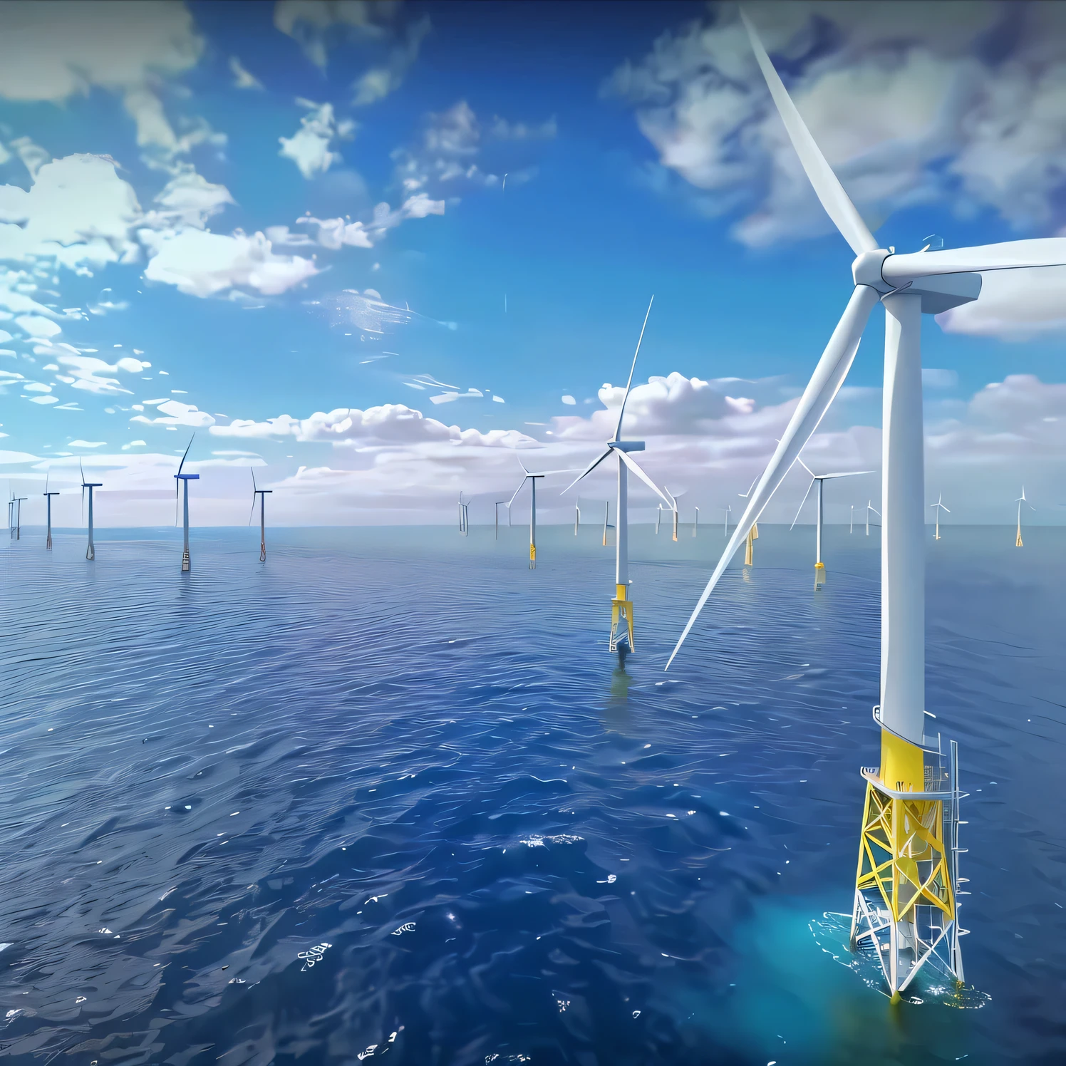hypermodernism，Offshore wind turbines stand on sunny sea，Concrete tower based on jacket foundation，Waves hit the foundation。Wide-angle lens captures stunning ocean views，Bright sunlight，Create a modern feel。Wind turbines are tall and majestic，Showing strong vitality and energy for the future