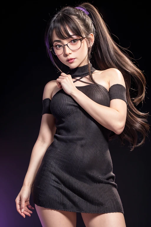 Detailed,8K, detailed shadow, Black background, Cute Girl, pale skin, , Narrow waist, flat chest, Small breasts, Purple eyes, embarrassed, Gray hair, absurdly long hair, Wavy Hair, Ponytail, (Knitted mini dress that kills virgins:1.3), eye glasses,