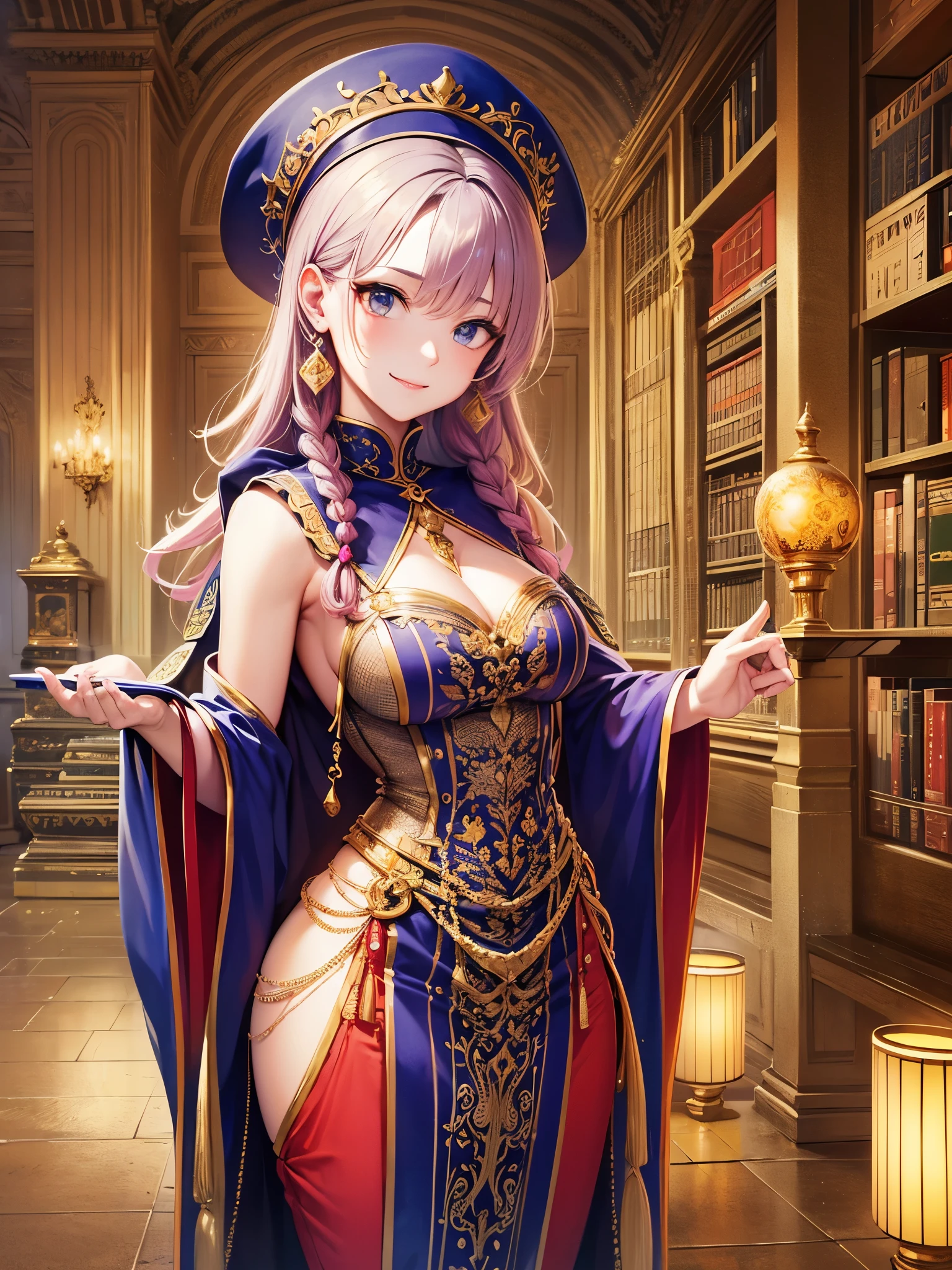 ((highest quality)),(ultra high resolution),(Super detailed),(detailed description),((best CG)),(best work of art),super precision art,amazing drawing art,(Fantasy art with precise details:1.5), (Female Scholar:1.5),(beautiful and well-shaped face:1.6),smile:1.5,(Intricately detailed robe:1.5),(carefully groomed hair:1.4),(beret:1.2), A bookshelf containing countless ancient documents,A magic lamp that illuminates the hall