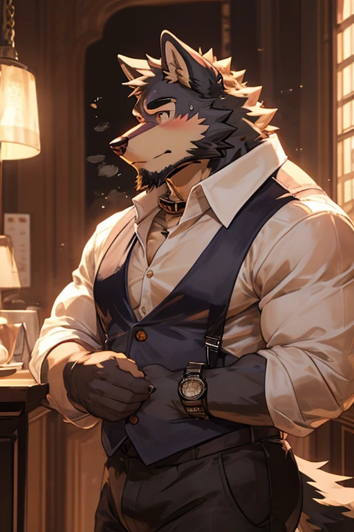 wolf, big muscular, shirt, 1boy, white shirt, upper body, male focus, collared shirt, pants, look to side, suspenders, pectoral muscles, sleeves rolled up, watch, watch, wolf ears, beard, blush, sweat black and white stripes, collar dog, sweating, cool face, handsome