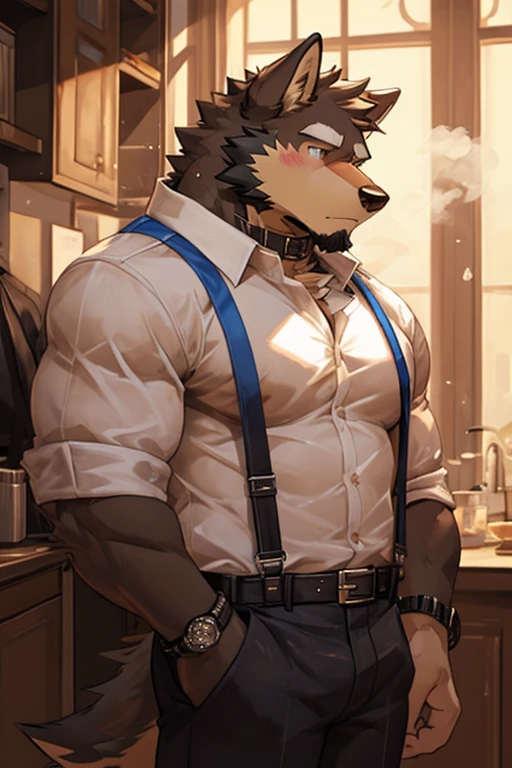 wolf, big muscular, shirt, 1boy, white shirt, upper body, male focus, collared shirt, pants, look to side, suspenders, pectoral muscles, sleeves rolled up, watch, watch, wolf ears, beard, blush, sweat black and white stripes, collar dog, sweating, cool face, handsome