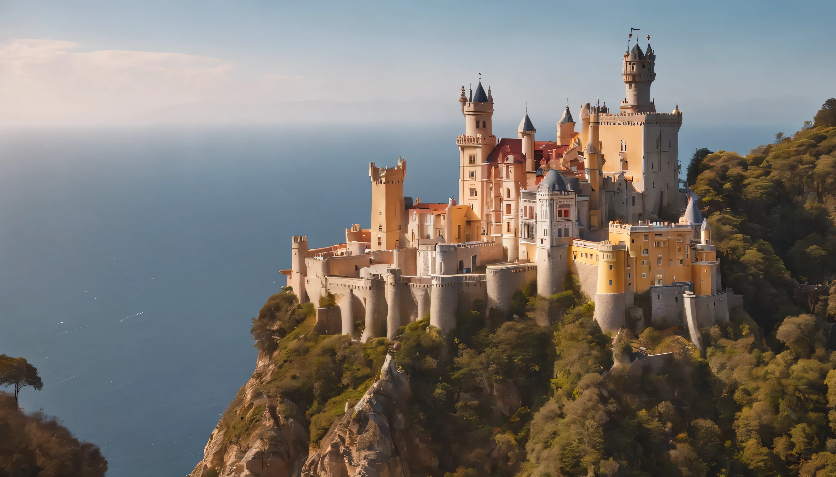 (Highly detailed CG Unity 8k wallpaper、masterpiece、highest quality、Super detailed)、(best lighting、best shadow、very delicate and beautiful)、highest quality、8k、Detailed facial depiction、masterpiece、highest quality、clear image quality、
view of sintra'Pena Palace and Morro Castle。