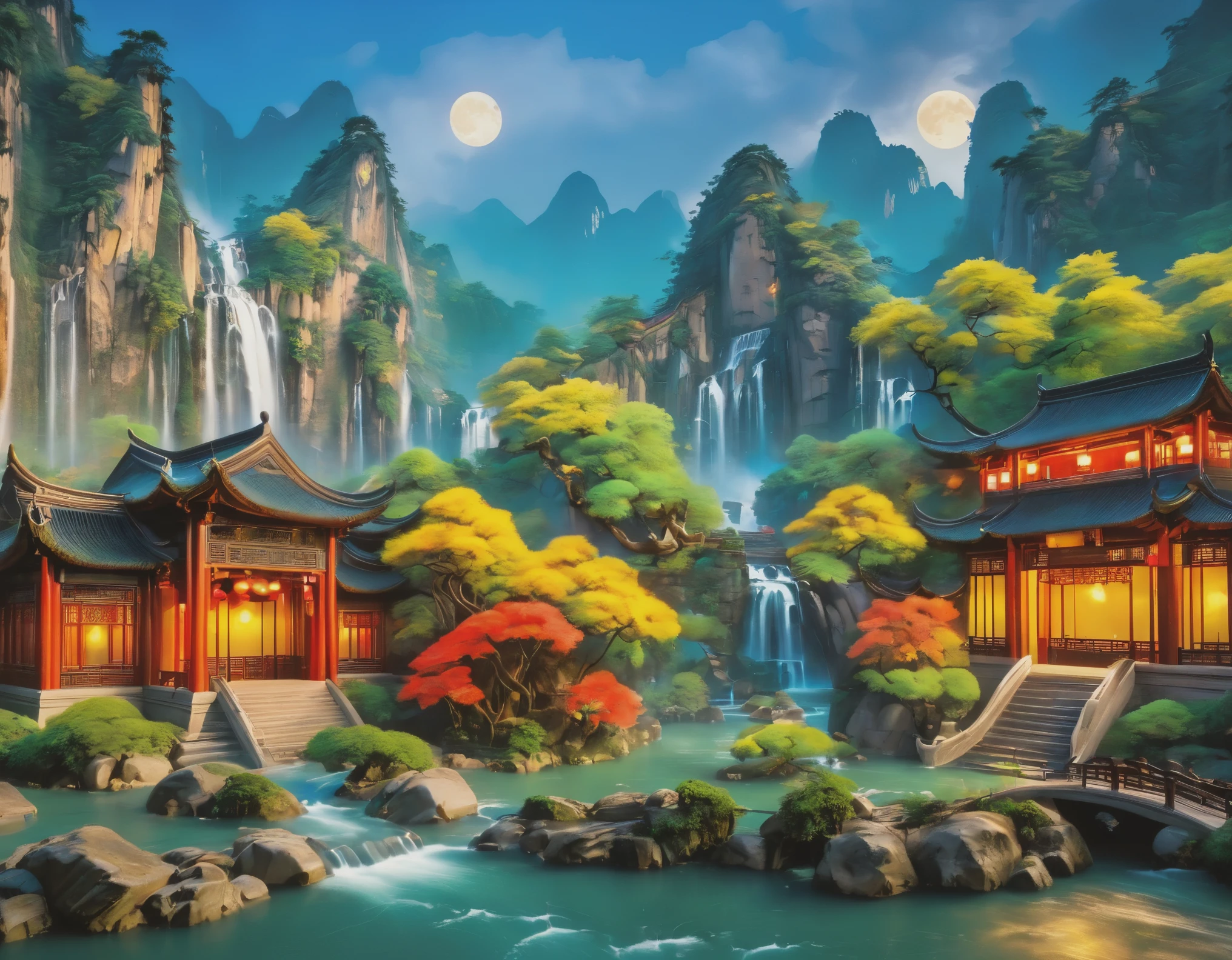 ((diffuse colors)) Ancient Chinese architecture, cool colors, dark night, moon, garden, bamboo, lake, stone bridge, rockery, arch, corner, tree, running water, landscape, outdoor, waterfall, grass, rock, intense rainfall, thunderstorm, vines all around, giant and wet trees, with glowing leaves in the trees, glowing fireflies and glowing particle effects, masterpiece, best quality, high quality, extremely detailed CG unity 8k wallpaper, oil paiting, award winning photography, Bokeh, Depth of Field, HDR, bloom, ,Photorealistic,extremely detailed, trending on artstation, trending on CGsociety, Intricate, High Detail, dramatic, art by midjourney, volumetric lighting