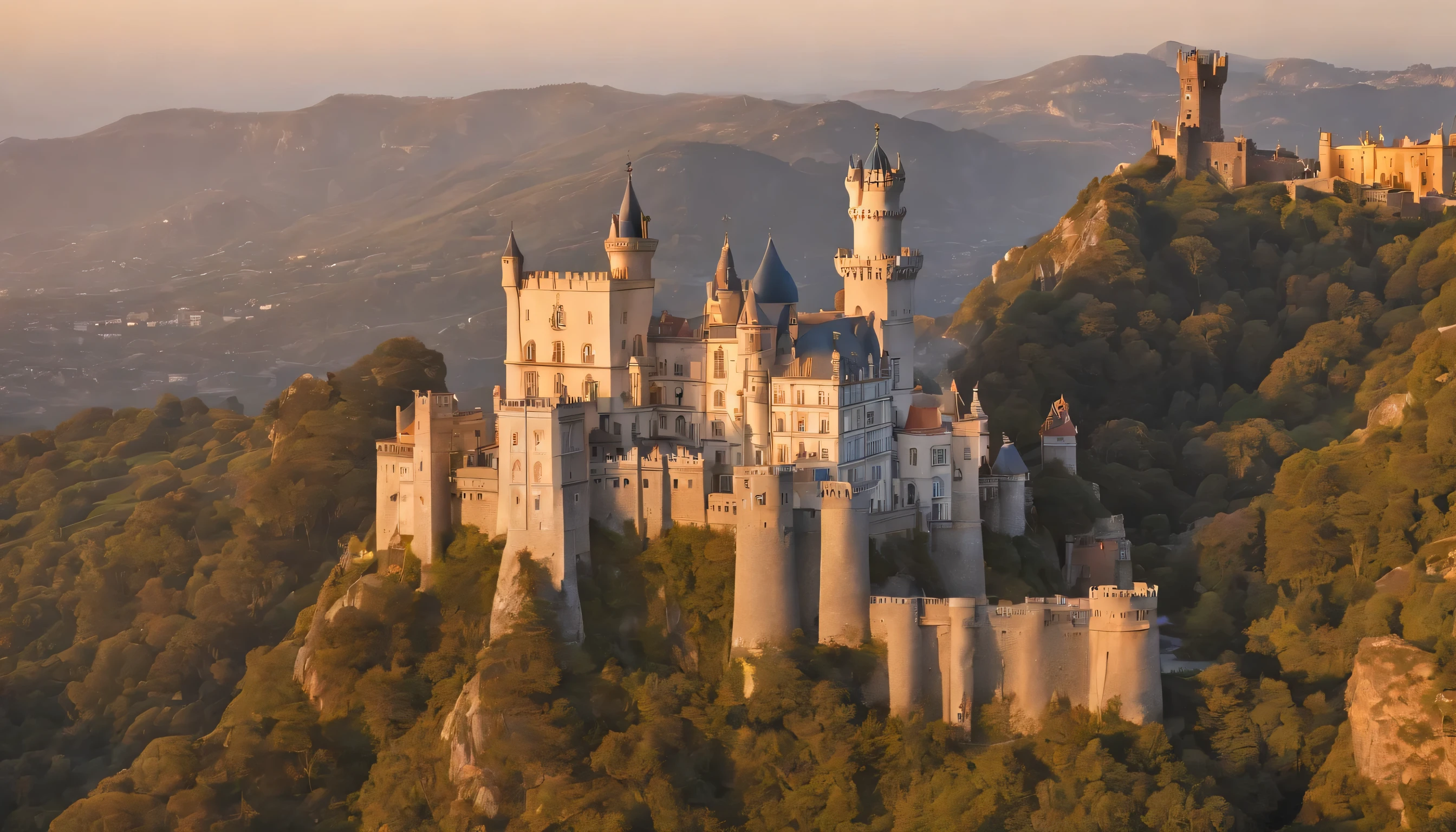 (Highly detailed CG Unity 8k wallpaper、masterpiece、highest quality、Super detailed)、(best lighting、best shadow、very delicate and beautiful)、highest quality、8k、Detailed facial depiction、masterpiece、highest quality、clear image quality、
view of sintra'Pena Palace and Morro Castle。