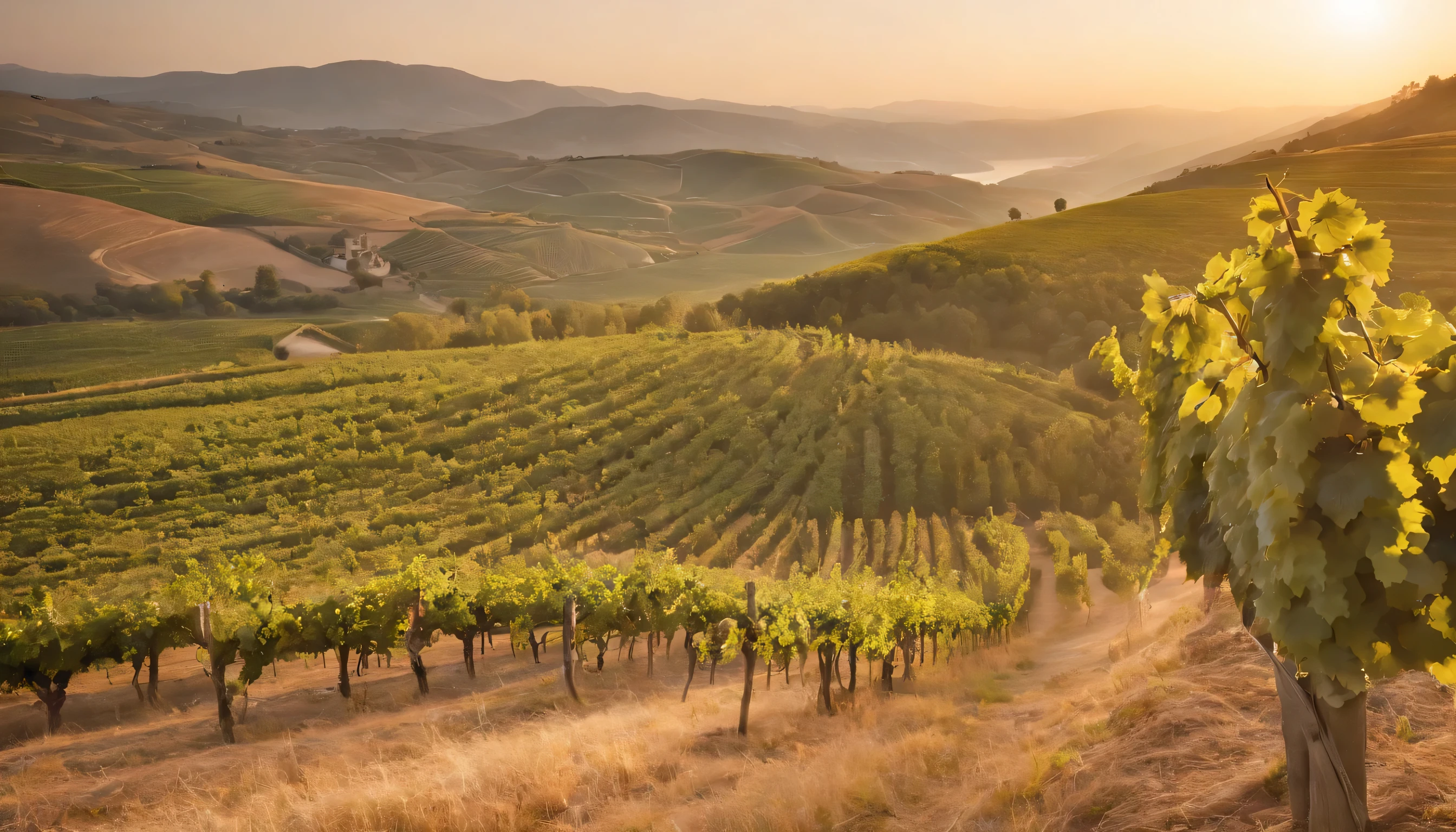 (Highly detailed CG Unity 8k wallpaper、masterpiece、highest quality、Super detailed)、(best lighting、best shadow、very delicate and beautiful)、highest quality、8k、Detailed facial depiction、masterpiece、highest quality、clear image quality、
Scenery of wine fields along the Douro River。
