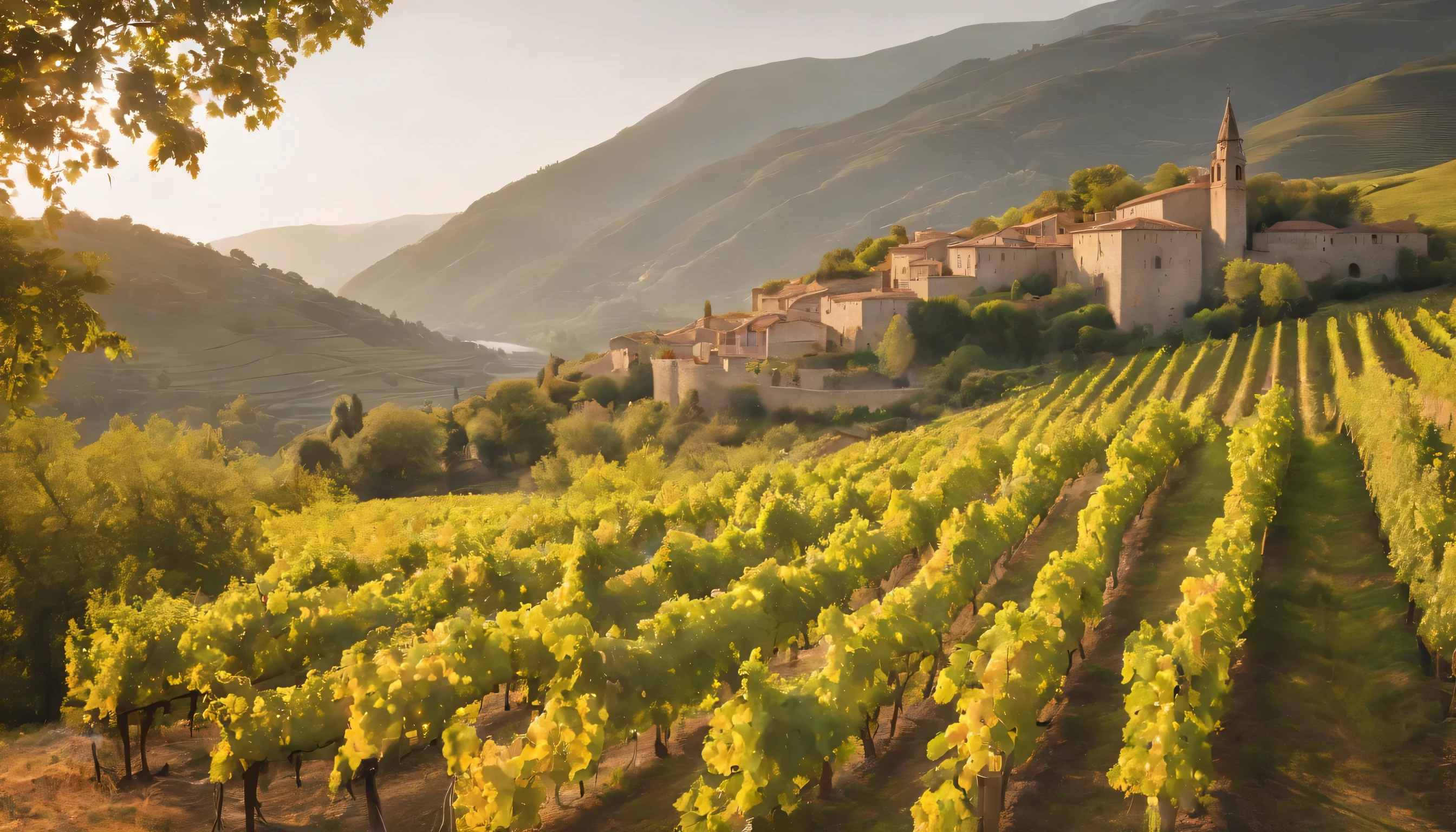 (Highly detailed CG Unity 8k wallpaper、masterpiece、highest quality、Super detailed)、(best lighting、best shadow、very delicate and beautiful)、highest quality、8k、Detailed facial depiction、masterpiece、highest quality、clear image quality、
Scenery of wine fields along the Douro River。