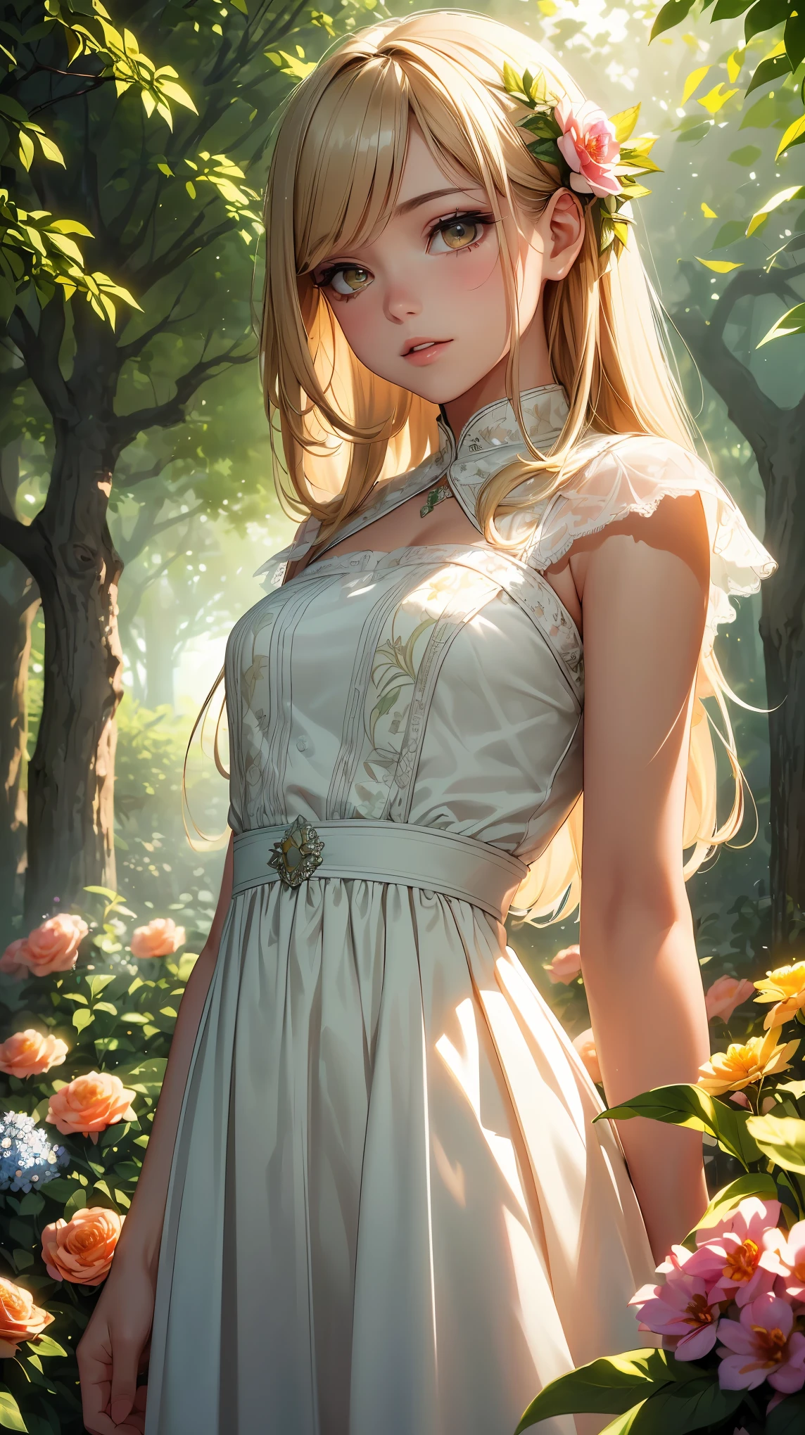 (8k, surreal,最high quality, high quality, High resolution, high quality texture, masterpiece:1.2, Detailed CG,detailed texture, unreal engine), (small face, realistic expression), (high detail skin:1.2), one woman, With bright colors and mesmerizing effects、((A girl experiencing Tyndall patterns that blend seamlessly with her surroundings, elegant dress)), ((Tyndall Effect:1.5, Sunlight through the trees)), beautiful detailed eyes, fascinating dense lips, delicate features, surreal and dream-like atmosphere, digital rendering technology, (((A garden full of blooming flowers, harmonious tranquil background, intricate details))), Unique and captivating composition, bright and vivid hues, a sense of joy and surprise, cinematic lighting, Soft and delicate lighting, gentle shine, Highlights complex Tyndall patterns, The overall atmosphere of the scene,