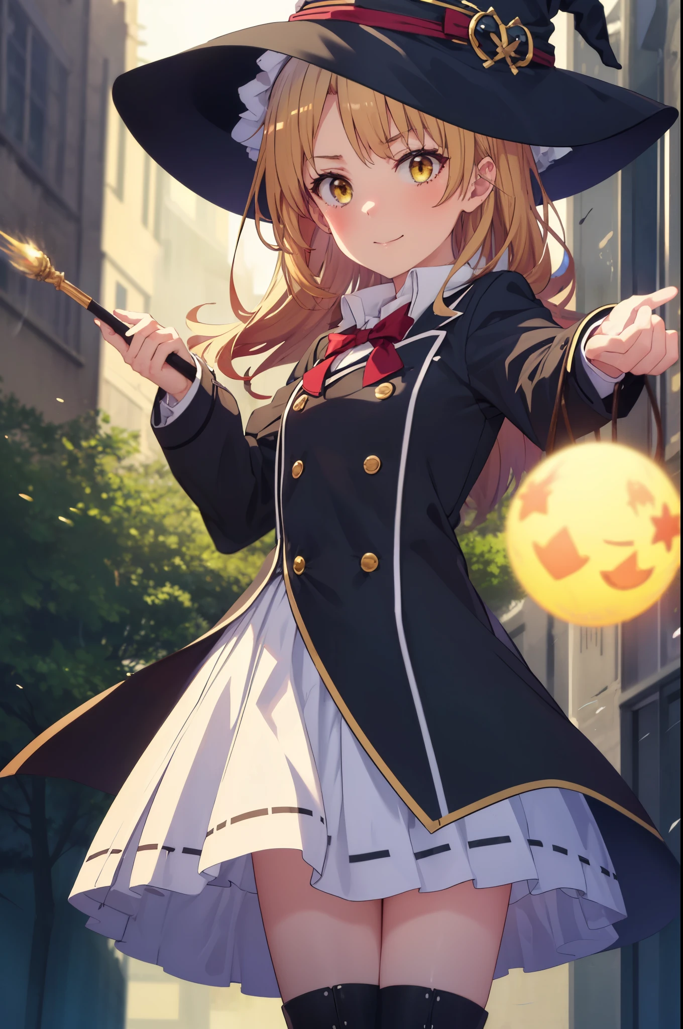 irohaisshiki, iroha isshiki, long hair, brown hair, (brown eyes:1.5), smile,witch hat,Witch Dress,long skirt,short boots,Magic with a long magic wand(thunder)is putting out,ability(thunder,)
"Witch's Covenant": 月明かりに照らされたforestに集まったWitch's Covenantを示す暗くて雰囲気のある画像, Surrounded by swirling mist、Cast spells under the watchful eye of the shining full moon,
break outdoors, forest,
break looking at viewer, (cowboy shot:1. 5)
break (masterpiece:1.2), highest quality, High resolution, unity 8k wallpaper, (figure:0.8), (detailed and beautiful eyes:1.6), highly detailed face, perfect lighting, Very detailed CG, (perfect hands, perfect anatomy),