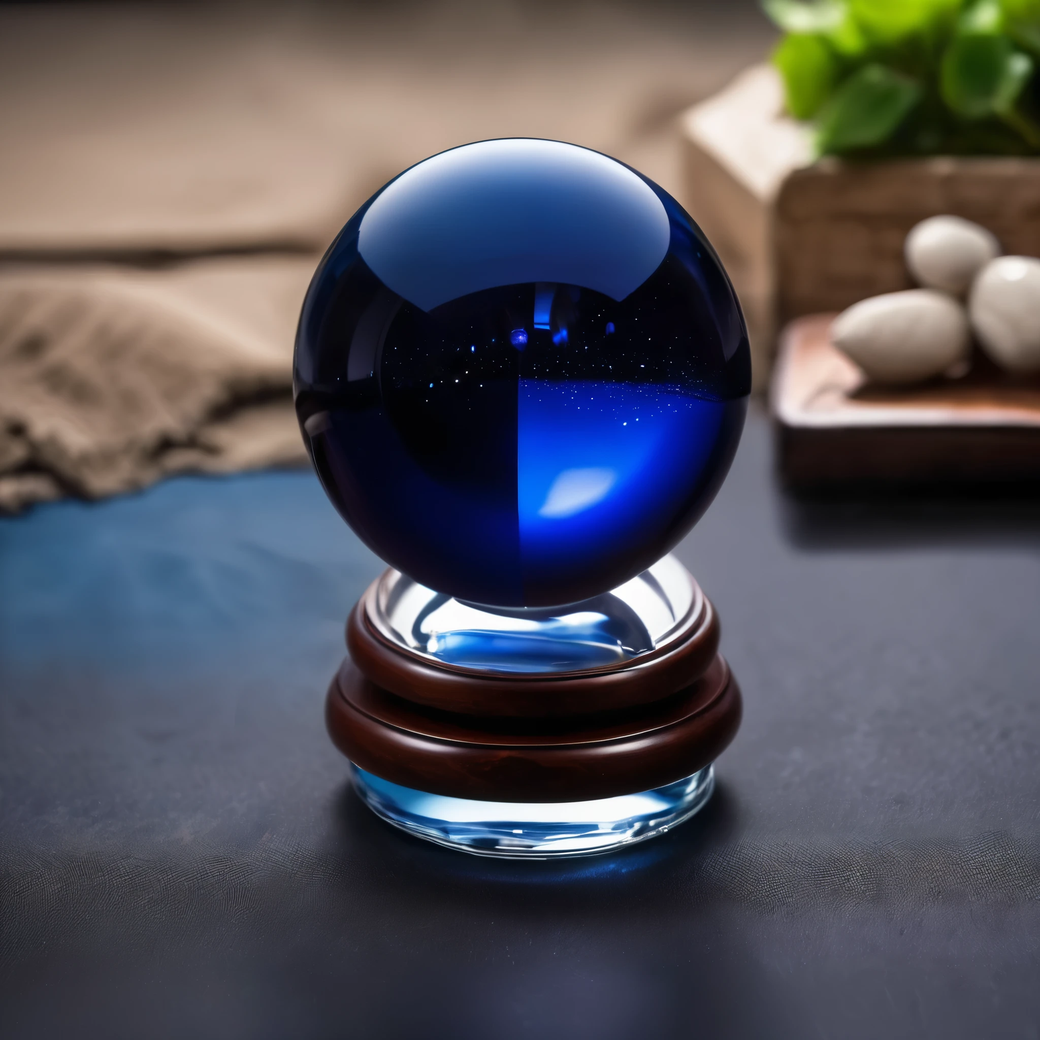 super realistic photos、 A deep blue crystal ball fills the screen.、 Perfect sphere、 It's dark so there's not much reflection