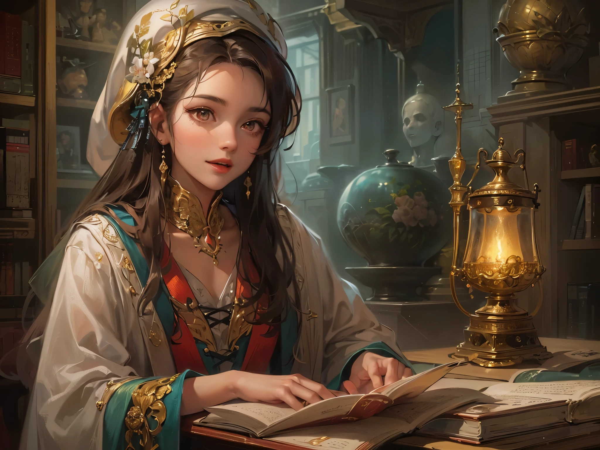 ((highest quality)),(ultra high resolution),(Super detailed),(detailed description),((best CG)),(best work of art),super precision art,amazing drawing art,(Fantasy art with precise details:1.5), (Female Scholar:1.5),(beautiful and well-shaped face:1.6),smile:1.5,(Intricately detailed robe:1.5),(carefully groomed hair:1.4),(beret:1.2), A bookshelf containing countless ancient documents,A magic lamp that illuminates the hall