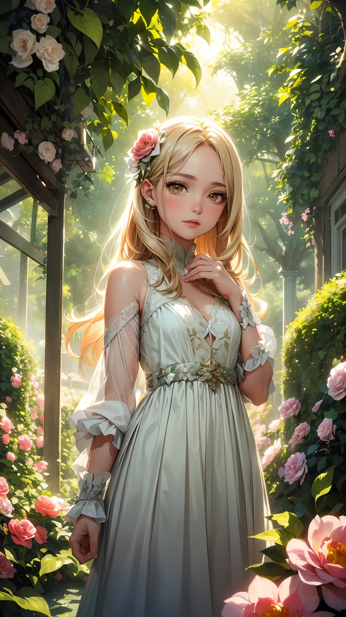 (8k, surreal,最high quality, high quality, High resolution, high quality texture, masterpiece:1.2, Detailed CG,detailed texture, unreal engine), (small face, realistic expression), (high detail skin:1.2), one woman, With bright colors and mesmerizing effects、((A girl experiencing Tyndall patterns that blend seamlessly with her surroundings, elegant dress)), ((Tyndall Effect:1.5, Sunlight through the trees)), beautiful detailed eyes, fascinating dense lips, delicate features, surreal and dream-like atmosphere, digital rendering technology, (((A garden full of blooming flowers, harmonious tranquil background, intricate details))), Unique and captivating composition, bright and vivid hues, a sense of joy and surprise, cinematic lighting, Soft and delicate lighting, gentle shine, Highlights complex Tyndall patterns, The overall atmosphere of the scene,