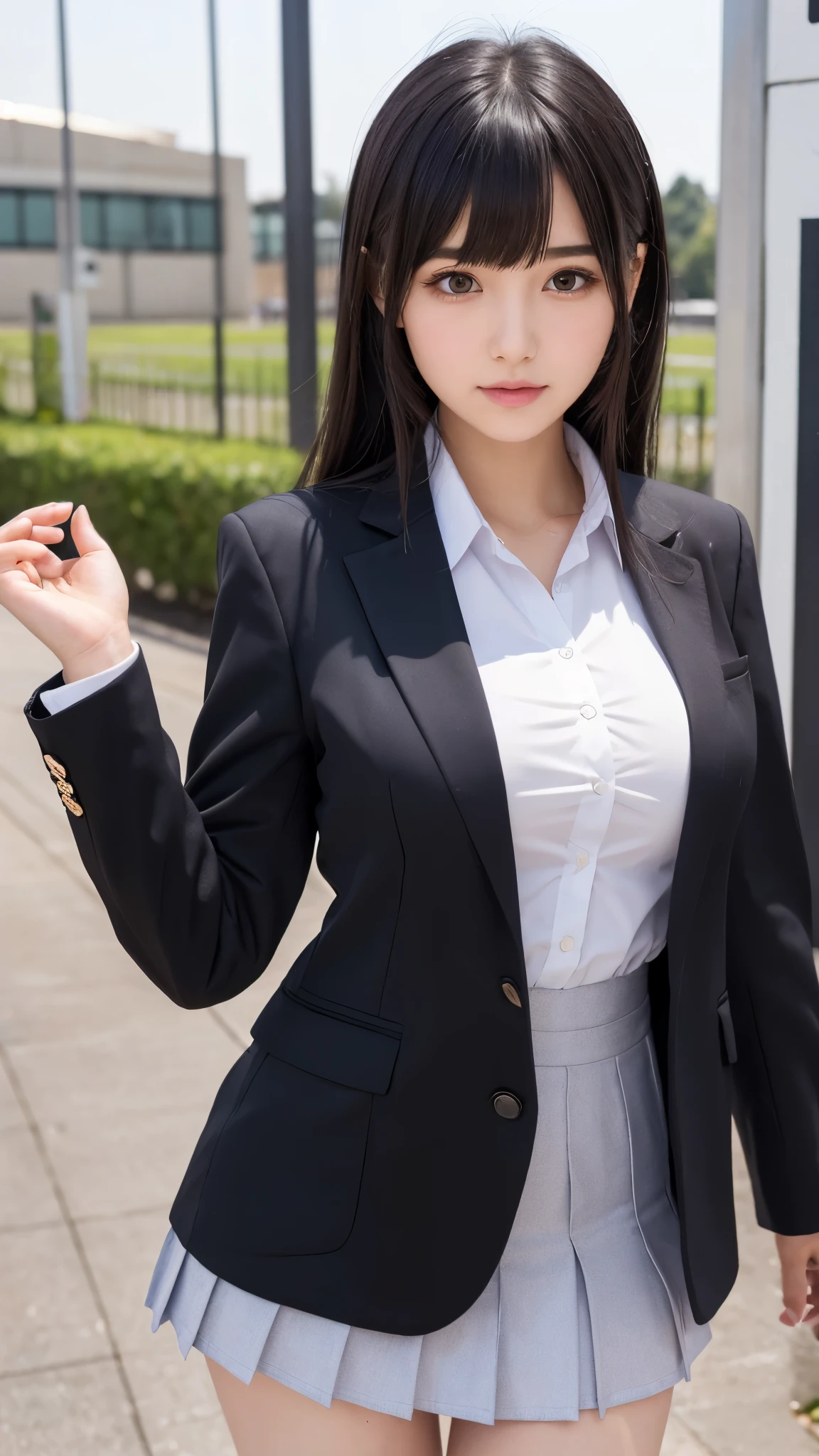 ((best quality)), ((muste piece)), (detailed breasts), (highlight), perfect face、detailed face、Emphasizes large breasts、young girl、blunt bangs、black hair、student council president、blazer and miniskirt、school uniform、Japanese high school girl、cosplay、