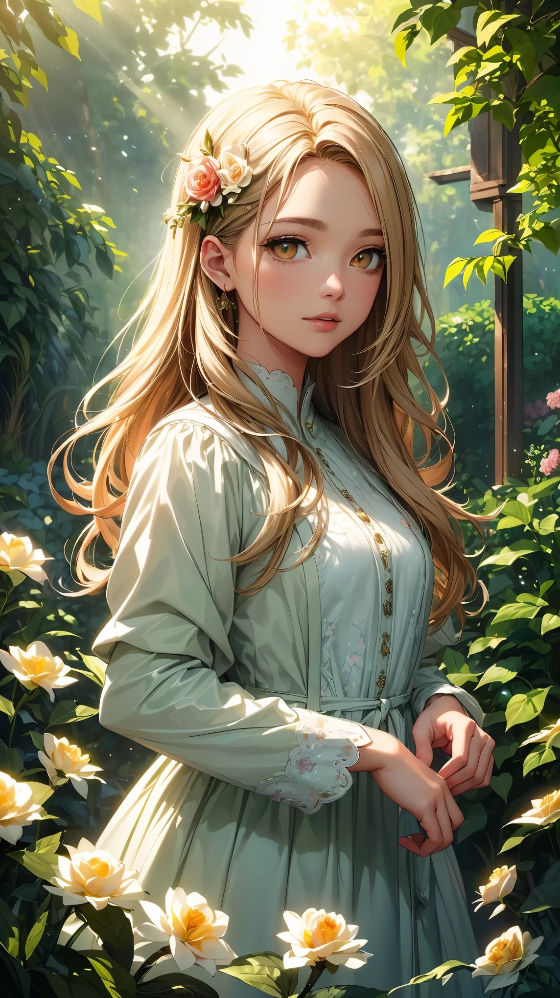 (8k, surreal,最high quality, high quality, High resolution, high quality texture, masterpiece:1.2, Detailed CG,detailed texture, unreal engine), (small face, realistic expression), (high detail skin:1.2), one woman, With bright colors and mesmerizing effects、((A girl experiencing Tyndall patterns that blend seamlessly with her surroundings, elegant dress)), ((Tyndall Effect:1.5, Sunlight through the trees)), beautiful detailed eyes, fascinating dense lips, delicate features, surreal and dream-like atmosphere, digital rendering technology, (((A garden full of blooming flowers, harmonious tranquil background, intricate details))), Unique and captivating composition, bright and vivid hues, a sense of joy and surprise, cinematic lighting, Soft and delicate lighting, gentle shine, Highlights complex Tyndall patterns, The overall atmosphere of the scene,