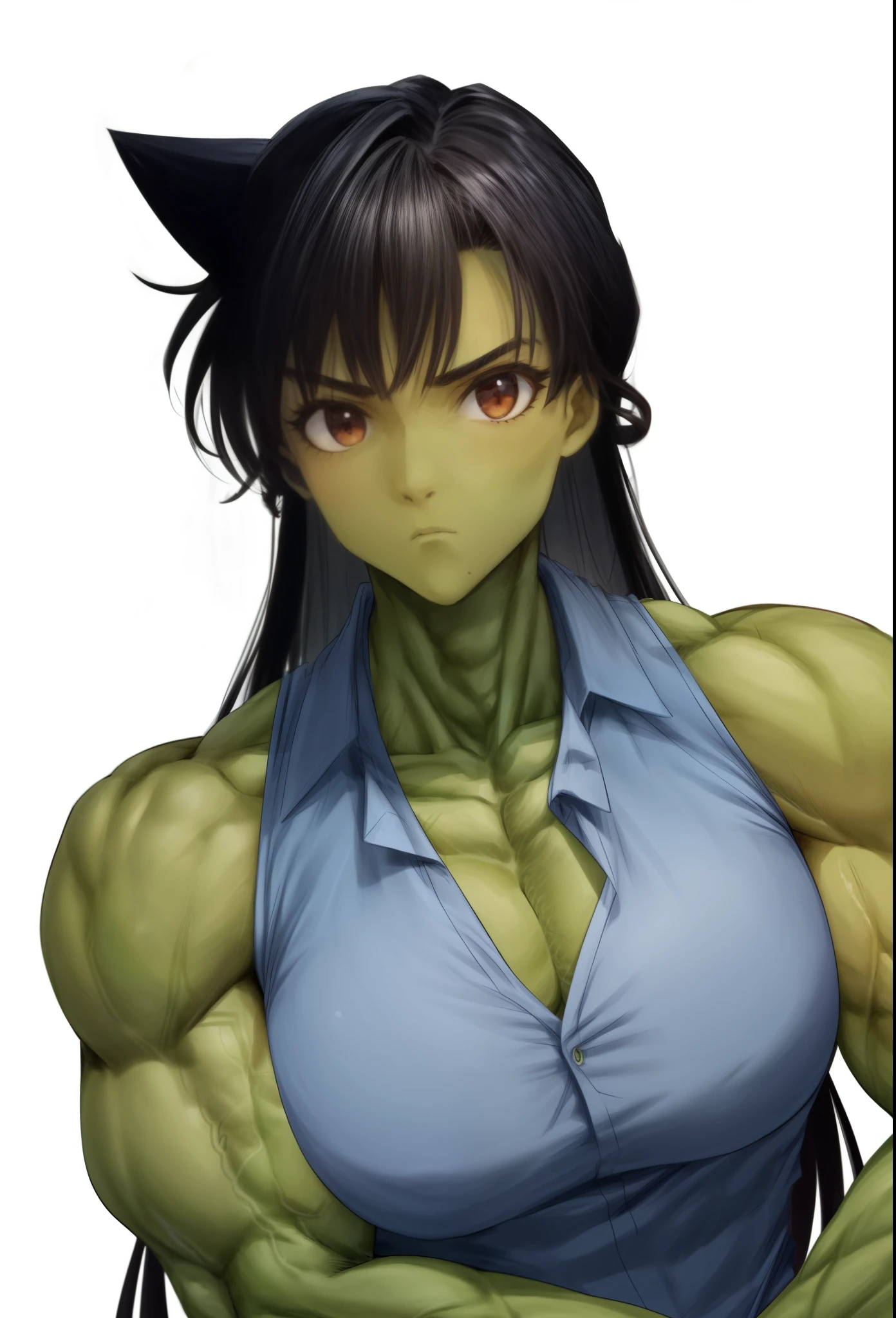 1 girl, black hair ,green skin,muscular female, alternate muscle size,,mouri ran (meitantei conan) , biceps,muscular shoulder,upper body,thick arm,