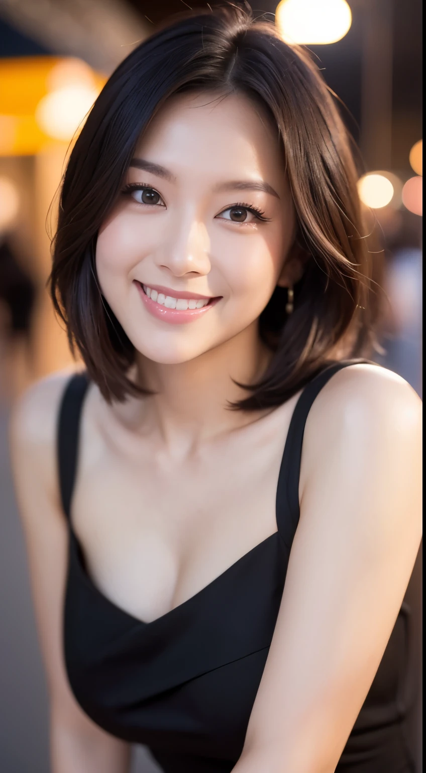 (8k, RAW photo, highest quality, masterpiece: 1.2), super detailed, super resolution, (genuine, genuine photos: 1.37), portrait, High-definition RAW color photo, professional photos, very detailed and beautiful, very detailed, 8k wallpaper, amazing details, huge file size, official art, very detailed CG Unity 8k wallpaper, very detailed beautiful girls, very detailed facesDresses with very fine eyes, very fine skin, very fine fingers, very small nose, very knowledgeable mouth, very beautiful face and eyes, (short hair), whole body, micro skirt: 1.1, black dress, huge breasts, gorgeous young japanese women, beautiful , beautiful young , friendly and seductive smile, , attractive neck, A little cute smile, beautiful and smiling, hot with the shining sun, super detailed顔, fine eyes, double eyelid, blurred background, city, night, outside, street,