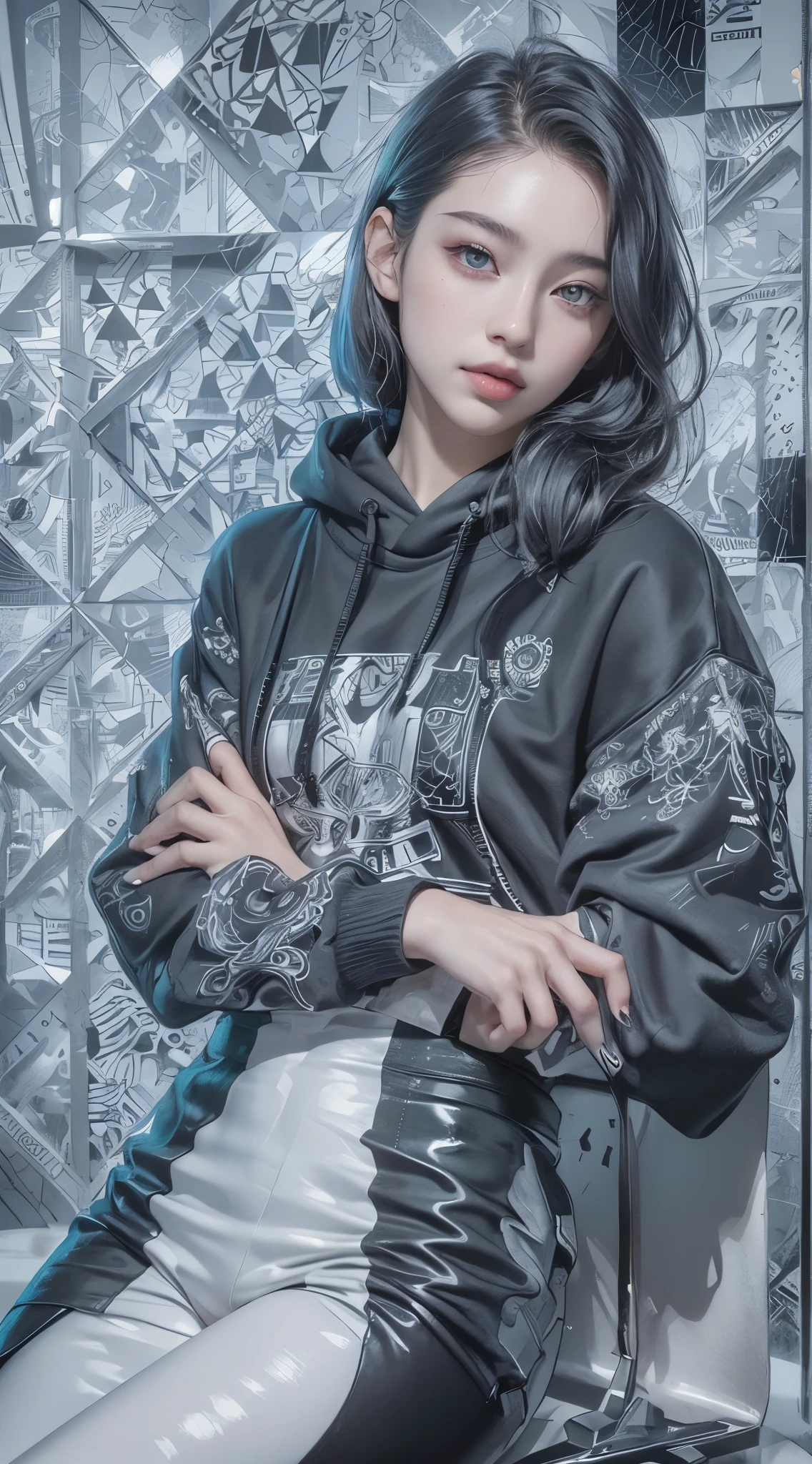 (Realistic:1.8), (Digital art:0.2), (Geometrical art, official art, beautiful and aesthetic, ultra detailed, beautiful, masterpiece, best quality:1.6), (1girl:1.2), Detailed face, Detailed eyes, Detailed hair, young fingers, Detailed fingers, five fingers,
_
BREAK cute ig model, Japanese cute model, 22 years old, Tightened all body, small head, small face, small mouth, diamond Face, small nose, Sharp Faceline, (dropy eyes, Double eyelid, Light color eyes, Glossy eyes, Shiny eyes:1.2), Shiny skin, shiny hair,
_
BREAK (happy, smile, Teeth, Glossy Lips), beautiful Teeth, (upper body:1.5), from front,
_
(minimalistic black and white cityscape:1.2),
(confident sitting with arms crossed:1.3), (camera focused on upper body:1.2),
(close-up emphasizing sweatshirt details:1.2),
BREAK
(black theme:1.2), (oversized black hoodie with geometric cutouts and patterns:1.2), (white skinny leggings with subtle geometric patterns:1.2),