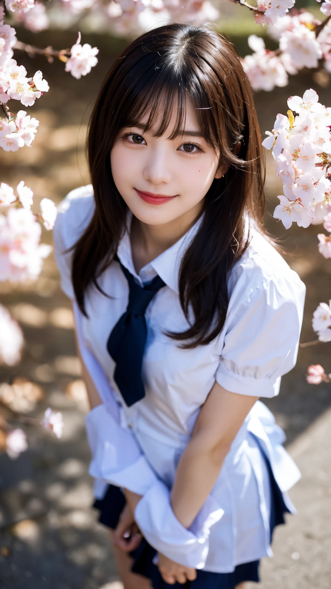 (highest quality,masterpiece:1.3,ultra high resolution),(Super detailed,caustics,8k),(photorealistic:1.4,RAW shooting),1 girl,(smile),(cherry blossomsを見上げる),18-year-old,cute,Japanese,black hair short cut,(school uniform),glamorous,(big ),(face focus),street,cherry blossoms,Natural light,(Lens flare),professional writing,(cowboy shot),(bird's eye view:1.2),(high position:1.4),(high angle:1.4)