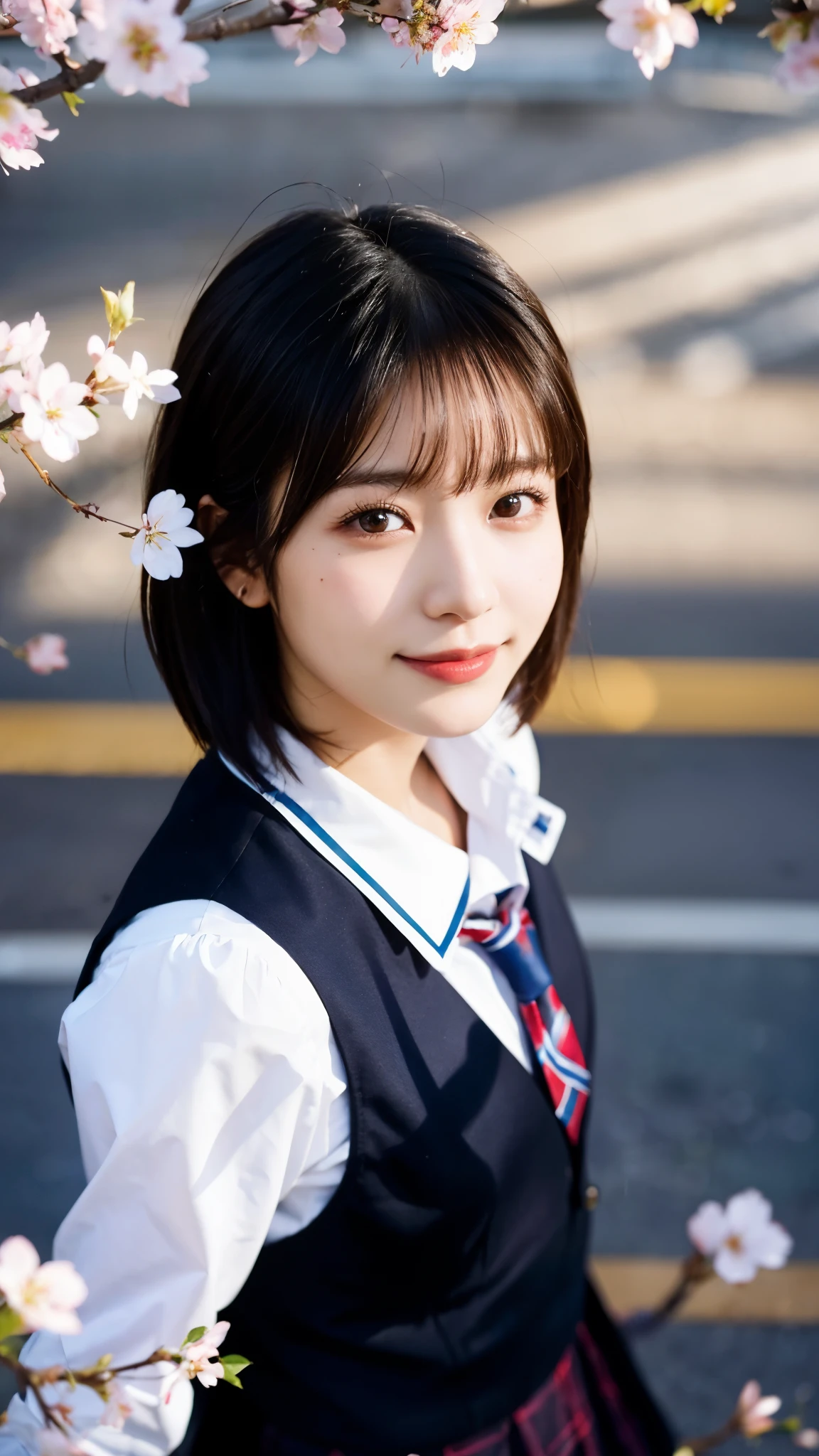 (highest quality,masterpiece:1.3,ultra high resolution),(Super detailed,caustics,8k),(photorealistic:1.4,RAW shooting),1 girl,(smile),(cherry blossomsを見上げる),18-year-old,cute,Japanese,black hair short cut,(school uniform),glamorous,(big ),(face focus),street,cherry blossoms,Natural light,(Lens flare),professional writing,(cowboy shot),(bird's eye view:1.2),(high position:1.4),(high angle:1.4)