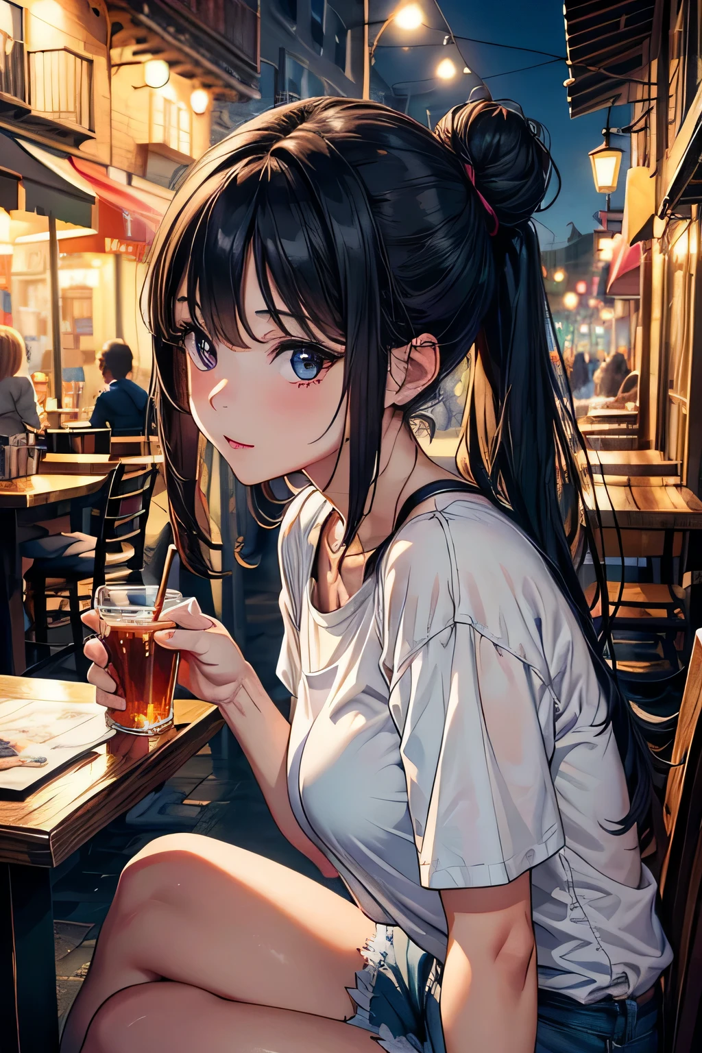 (masterpiece, highest quality, Super detailed), 4k, beautiful fake eyes, shape, alone, girl, portrait, From the side, Looks gaping, bun hair, Loose, Long-sleeved shirts and shorts with attention to detail, small breasts, Friendly personality and warm atmosphere, Women who like simple designs, An appearance that reassures the viewer, living room at home, warm lighting