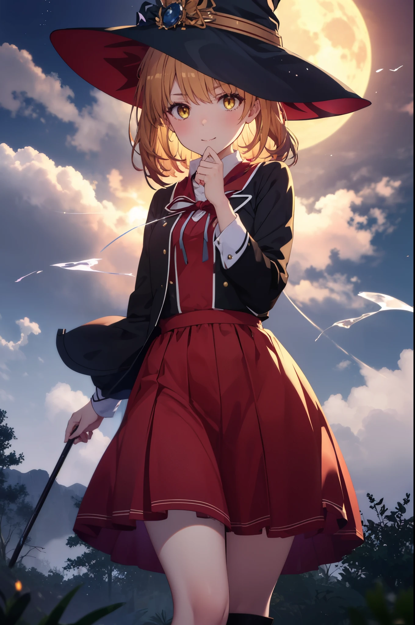 irohaisshiki, iroha isshiki, long hair, brown hair, (brown eyes:1.5), smile,witch hat,Witch Dress,long skirt,short boots,Magic with a long magic wand(thunder)is putting out,ability(thunder,)
"Witch's Covenant": 月明かりに照らされたforestに集まったWitch's Covenantを示す暗くて雰囲気のある画像, Surrounded by swirling mist、Cast spells under the watchful eye of the shining full moon,
break outdoors, forest,
break looking at viewer, (cowboy shot:1. 5)
break (masterpiece:1.2), highest quality, High resolution, unity 8k wallpaper, (figure:0.8), (detailed and beautiful eyes:1.6), highly detailed face, perfect lighting, Very detailed CG, (perfect hands, perfect anatomy),