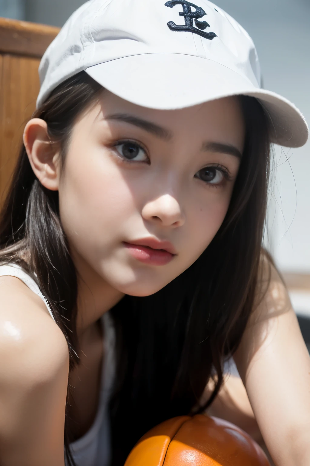 ((Show only the face、close up of face))、(tanktop wear、lie down on the chair、indoor、baseball hat、(bright room)、cute japanese woman、、high school girl、young girl、warm, beautiful detailed eyes double eyelid, extremely beautiful big-black-solid-eyes, down-turned eyes, beauty eyelashes, translucent skin, detail perfect nose, thin sweet lips