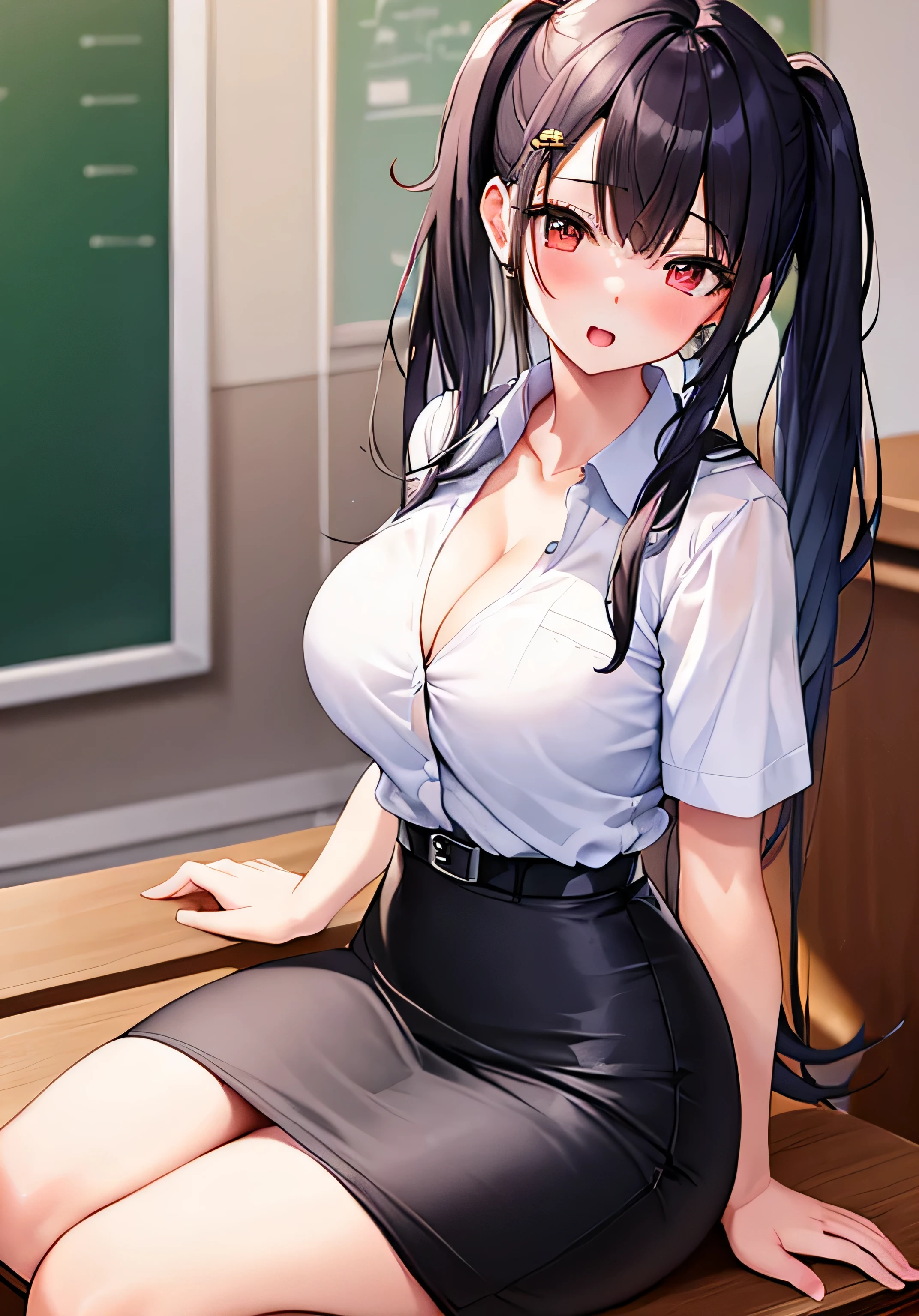 masterpiece、best image quality、ultra high resolution、 girl with big breasts、twin tail hairstyle、black hair、red face、shyly、Open your mouth just a little、White shirt with cleavage visible、pencil skirt、waist belt、sitting on the desk、inside the classroom