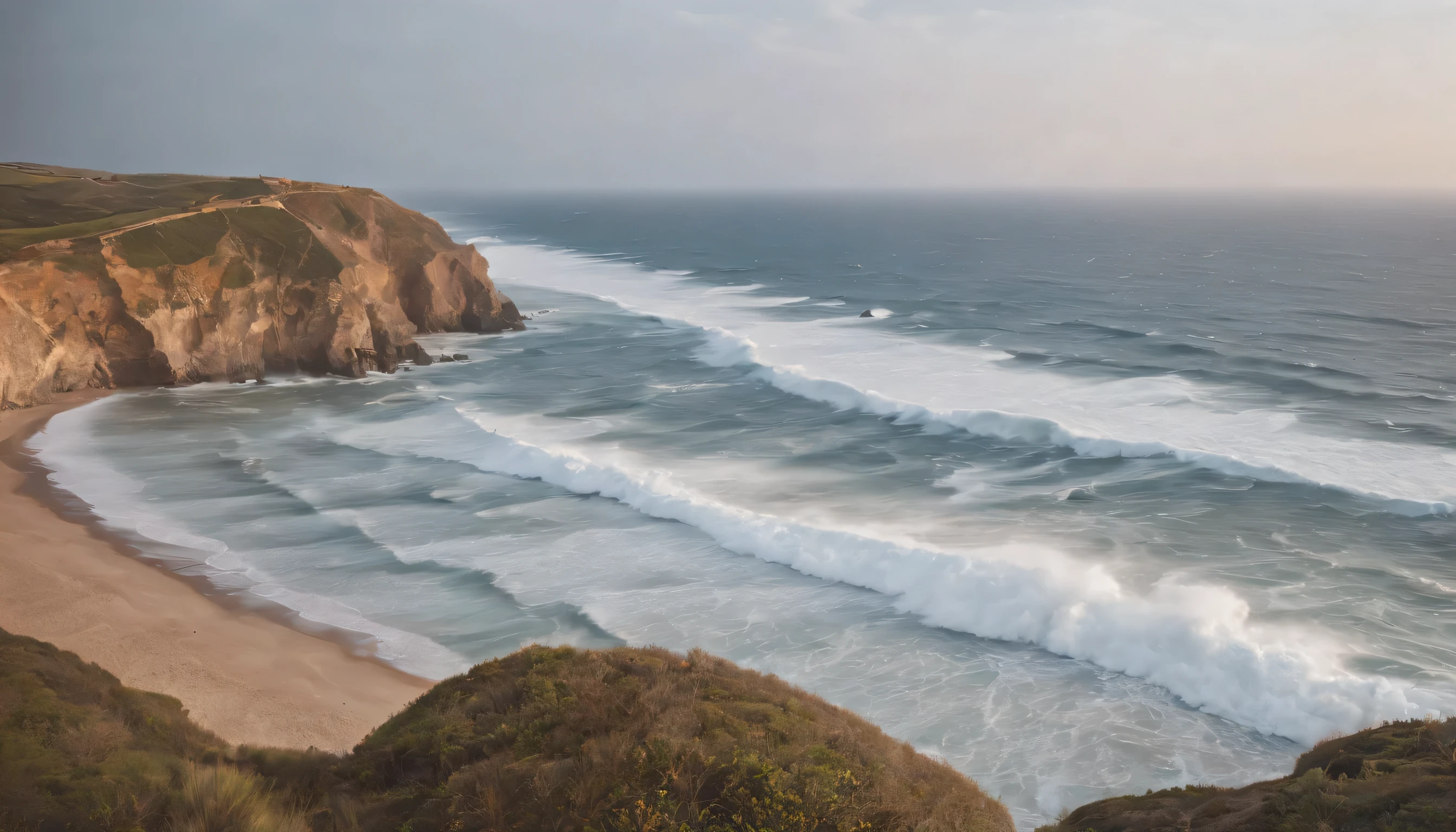 (Highly detailed CG Unity 8k wallpaper、masterpiece、highest quality、Super detailed)、(best lighting、best shadow、very delicate and beautiful)、highest quality、8k、Detailed facial depiction、masterpiece、highest quality、clear image quality、
The scenery along the coast known as the surfing mecca of Peniche。