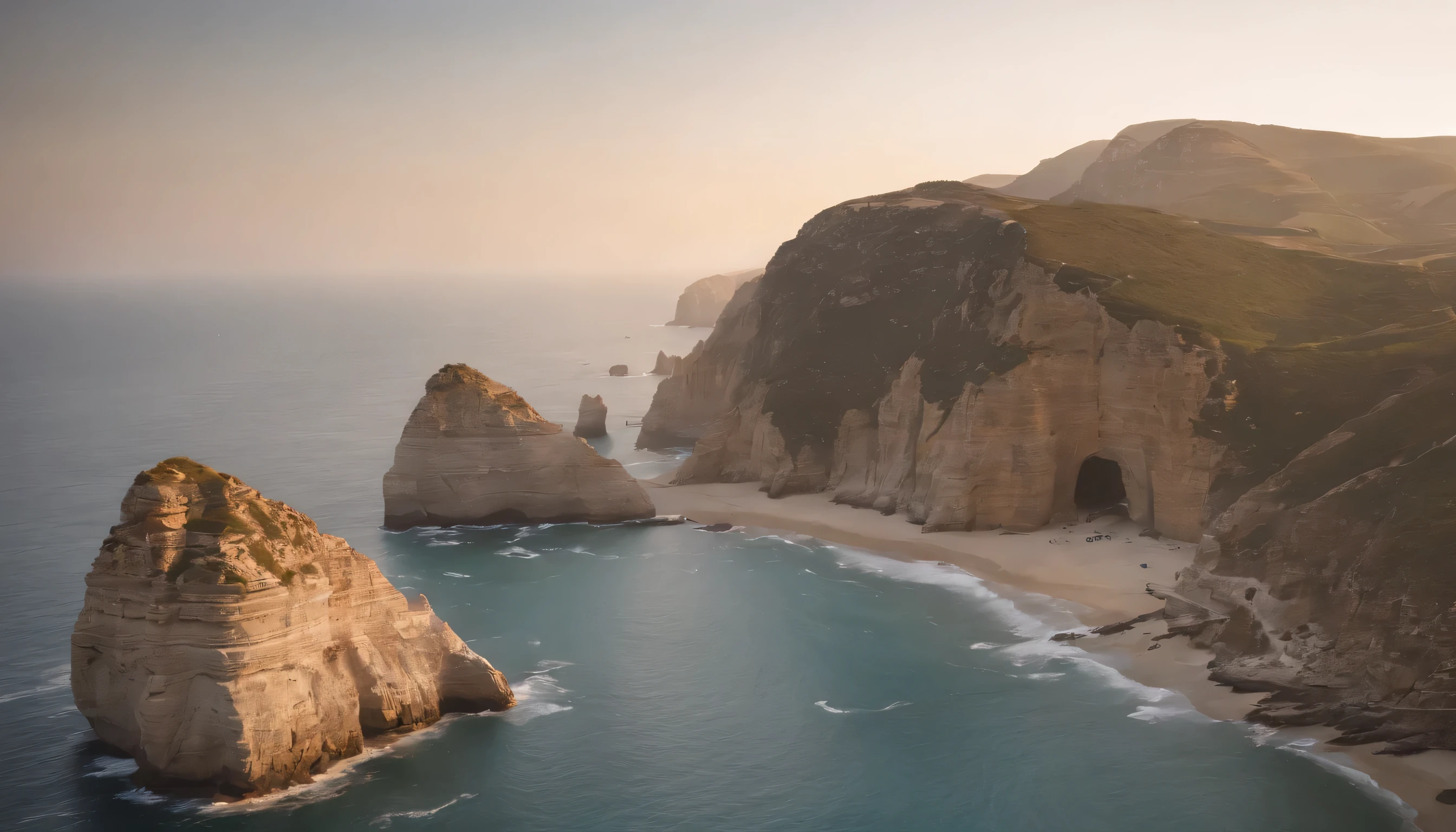 (Highly detailed CG Unity 8k wallpaper、masterpiece、highest quality、Super detailed)、(best lighting、best shadow、very delicate and beautiful)、highest quality、8k、Detailed facial depiction、masterpiece、highest quality、clear image quality、
Landscape with rocks and caves along Portugal'Atlantic Coast。