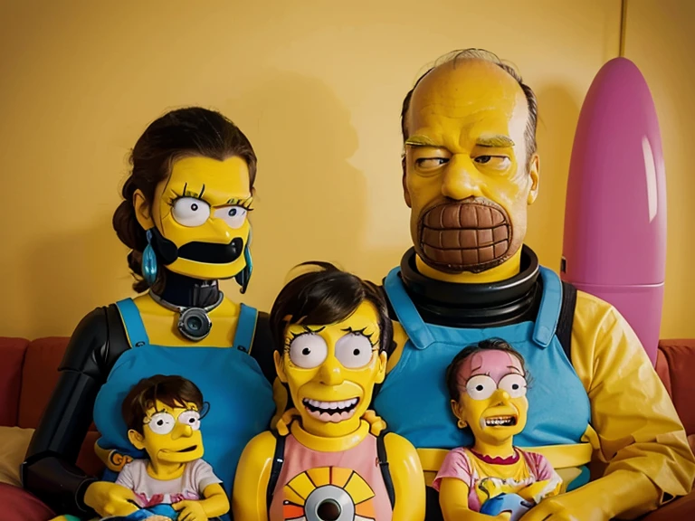 "Create a Simpsons-style illustration of a fun robot family living in a dystopian future. Destaque cores vibrantes, exaggerated facial expressions and technological elements.