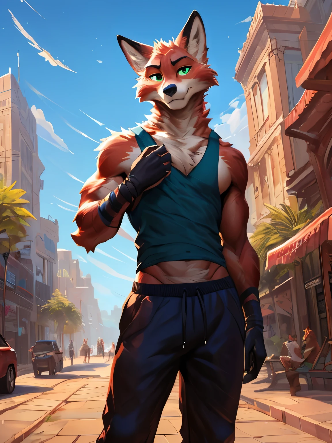 4k, ,8K, A high resolution, best quality, perfect colors, perfect shadows, perfect lighting, posted on e621, (by Chunie, by canyne khai, by t.y.starale), male, furry, Fox anthro, solo, green eyes, (Realistic eye details 1.2), beach, wearing tank top, wearing jogger sweatpants, Full body like, Slim body, abs, dramatic lighting, soft lighting, day, highly detail, Hair coiled, delight, Standing up position, cool pose charm, Abstract beauty, centre, Looking at the camera, Facing the camera, nearing perfection, Dynamic, highly detailed, illustration, (Realistic background), ((Bonifasko lighting)), (Detailed eyes), perfect pupils, detail eyes, detail fluffy fur, (seductive face:1.2), fit body, Looking at the camera,, fit body, perfect male figure, Detailed fur, Detailed face, Perfect face, Detailed background, (Complex), (Super Detail), (Ultra Clear), (Best Quality)