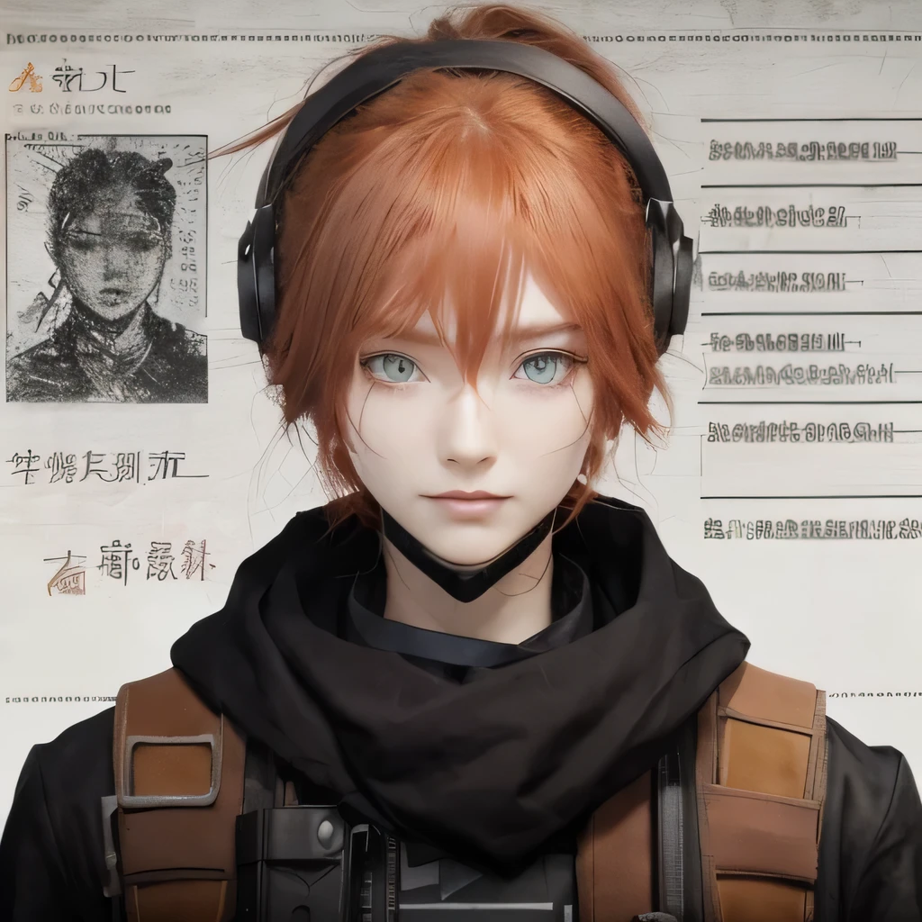 create an open identity passport in a dystopian apocalyptic era using Chinese languages of a beautiful red haired anime style 22 years old girl wearing black and brown dystopian survivor clothes, she has green eyes.