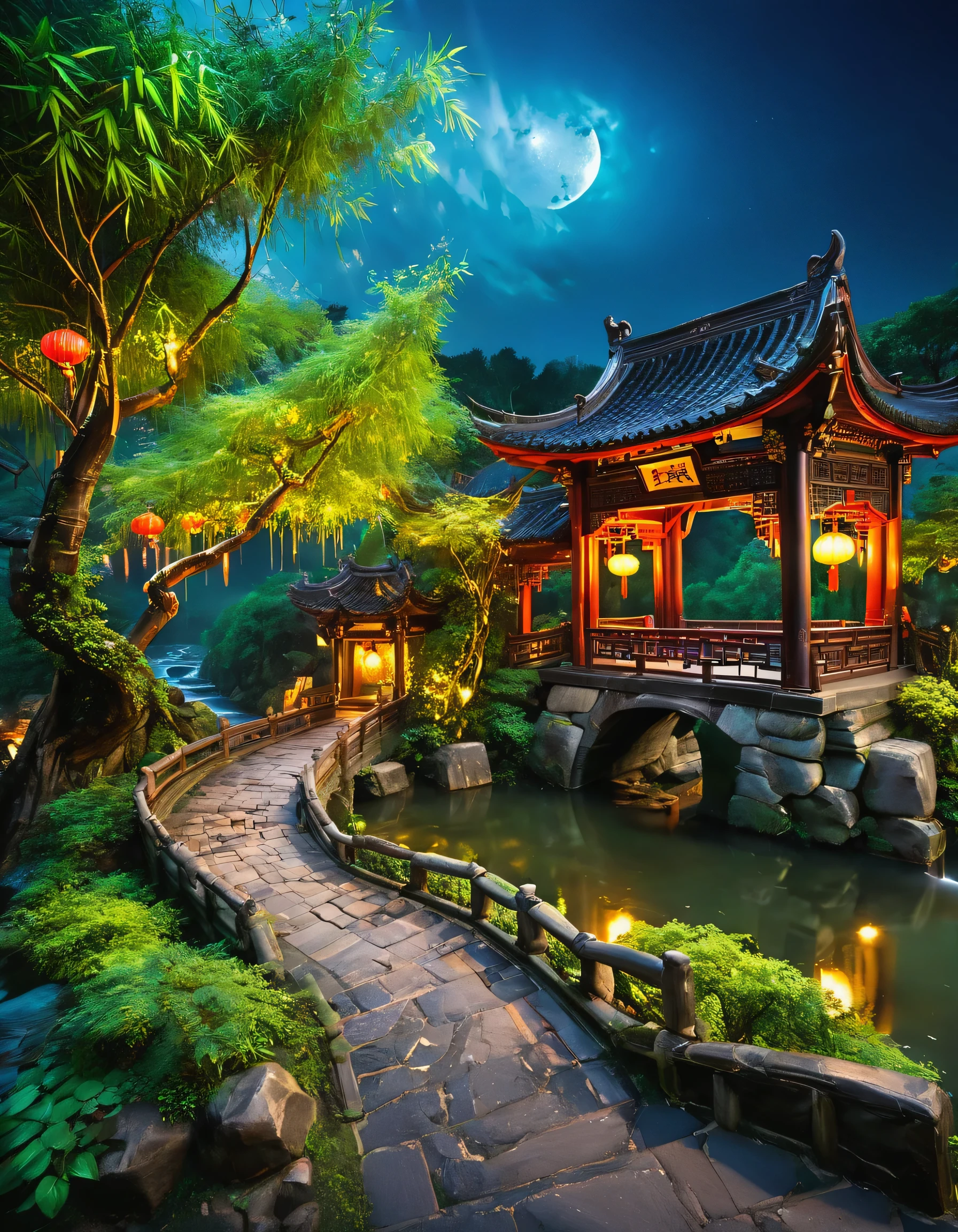 ((Diffuse color)) Ancient Chinese architecture, cool color, dark night, moon, garden, bamboo, lake, stone bridge, rockery, arch, corner, tree, tap water, landscape, outdoor, Fall, Grass, rock, heavy rainfall, thunderstorm, There are vines all around, giant and wet trees, with glowing leaves in the trees, Glowing fireflies and glowing particle effects, masterpiece, best quality, high quality, Very detailed CG unity 8k wallpaper, oil painting, Award-winning photography, Bokeh, depth of field, high dynamic range, bloom, ,lifelike,Very detailed, Popular topics on Artstation, CGSociety&#39;s Hot Topics, complex, high detail, dramatic, midway art, Volumetric lighting