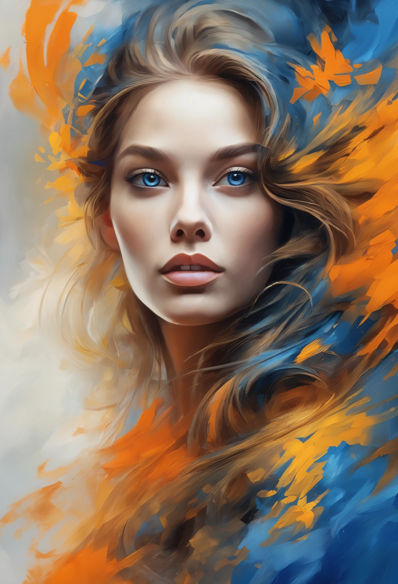 Create a stunning artwork featuring a woman gazing upwards, her hair styled in the fumage technique, and her face adorned with vibrant shades of orange, yellow, and blue. Ensure that the overall composition exudes the highest quality and delivers a visually striking effect. Utilize best-in-class techniques to achieve a captivating portrayal of the woman and her surroundings, evoking a sense of awe and wonder