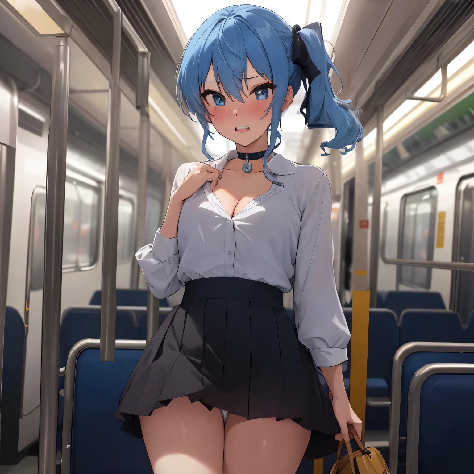 Hoshimachi Suisei,blue eyes,blue hair,choker,hair between eyes,medium hair,side ponytail,スターchoker,small breastasterpiece:1.2), highest quality, High resolution,(detailed and beautiful eyes:1.6),(perfect hands, perfect anatomy),(((masterpiece))),((highest quality)),embarrassed face,blush,teeth clenched,whole body,cropped shirt,micro mini skirt,white panties,Panty shot,belly button,cleavage,crowded train