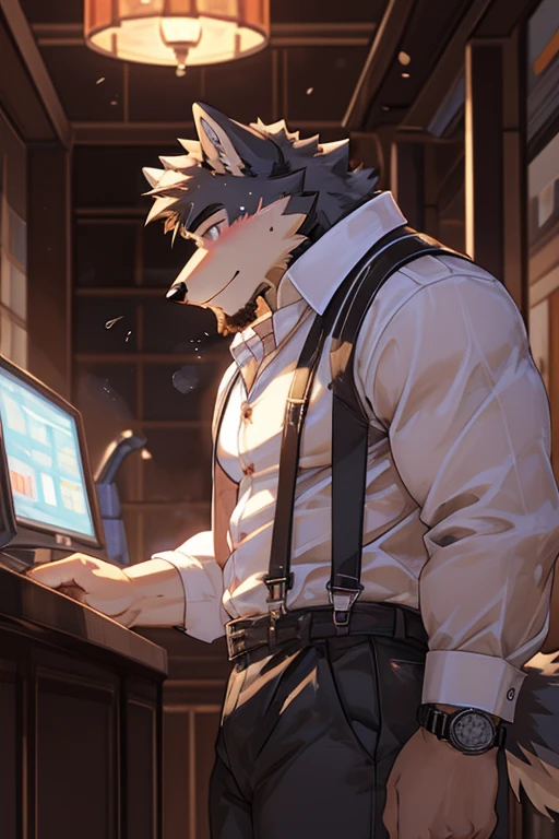 wolf, big muscular, shirt, 1boy, white shirt, upper body, male focus, collared shirt, pants, look to down me, suspenders, pectoral muscles, sleeves rolled up, watch, watch, wolf ears, beard, blush, sweat black and white stripes, collar dog, sweating, happy face, handsome, view looking up from directly below