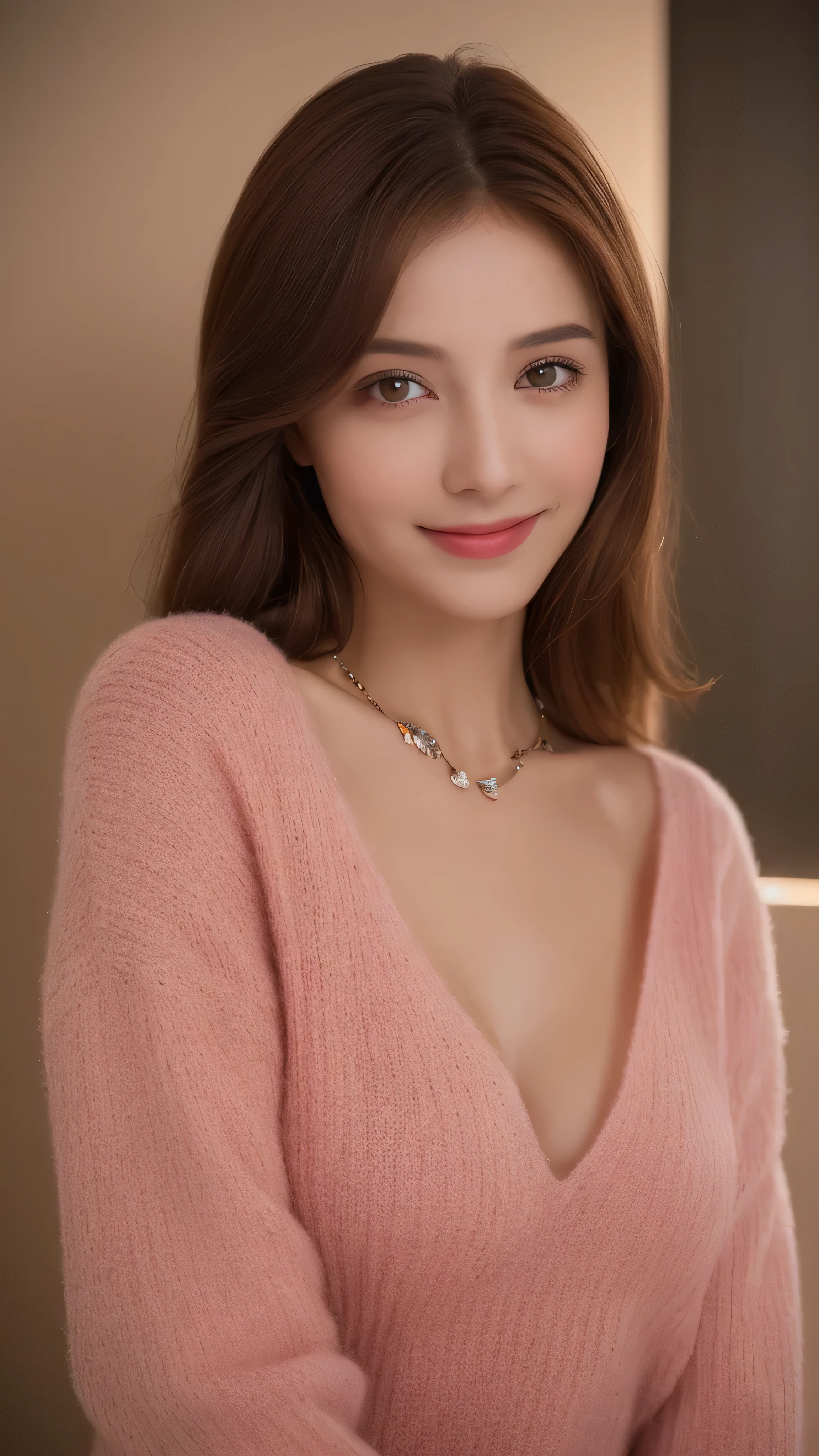 ((Night, Realistic Light, Best Quality, 8K, Masterpiece: 1.3)), 1girl, Slim Beauty: 1.4, Abs: 1.1, (Brown hair, Medium breasts: 1.3), Long pink sweater: 1.1, Bathroom, Super fine face, Delicate eyes, Double eyelids, smile, necklace