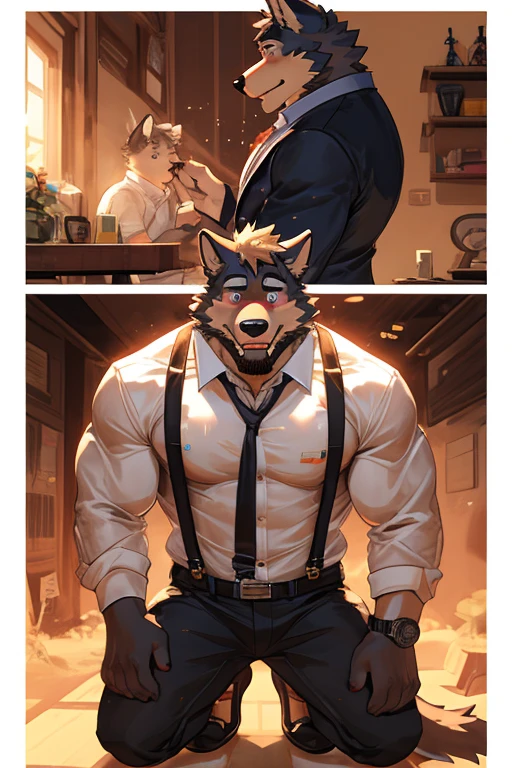 By Taran fiddler, a picture of an adult male, furry canine (golden retriever), black color jockstrap, golden retriever, dilf, rugged features, stubble beard, slight wrinkles on face, smiling, one man, naked, a naked golden retriever anthro taking off his jackstrap, a golden retriever undressing himself, loosely wearing white jockstrap, jockstrap halfway down thighs, jockstrap is to the knees, bulging crotch, hands pulling down jockstrap, stepping out jockstrap, taking off undergarments, becoming naked, one leg up, flaccid penis, cock peeking past jockstrap waistband, dick and balls showing, one hand doing thumbs up, winking, facing viewer, plain living room in background, modern living room background, muted lighting, dynamic angle, dynamic posing, extreme close-up, zoomed in on crotch