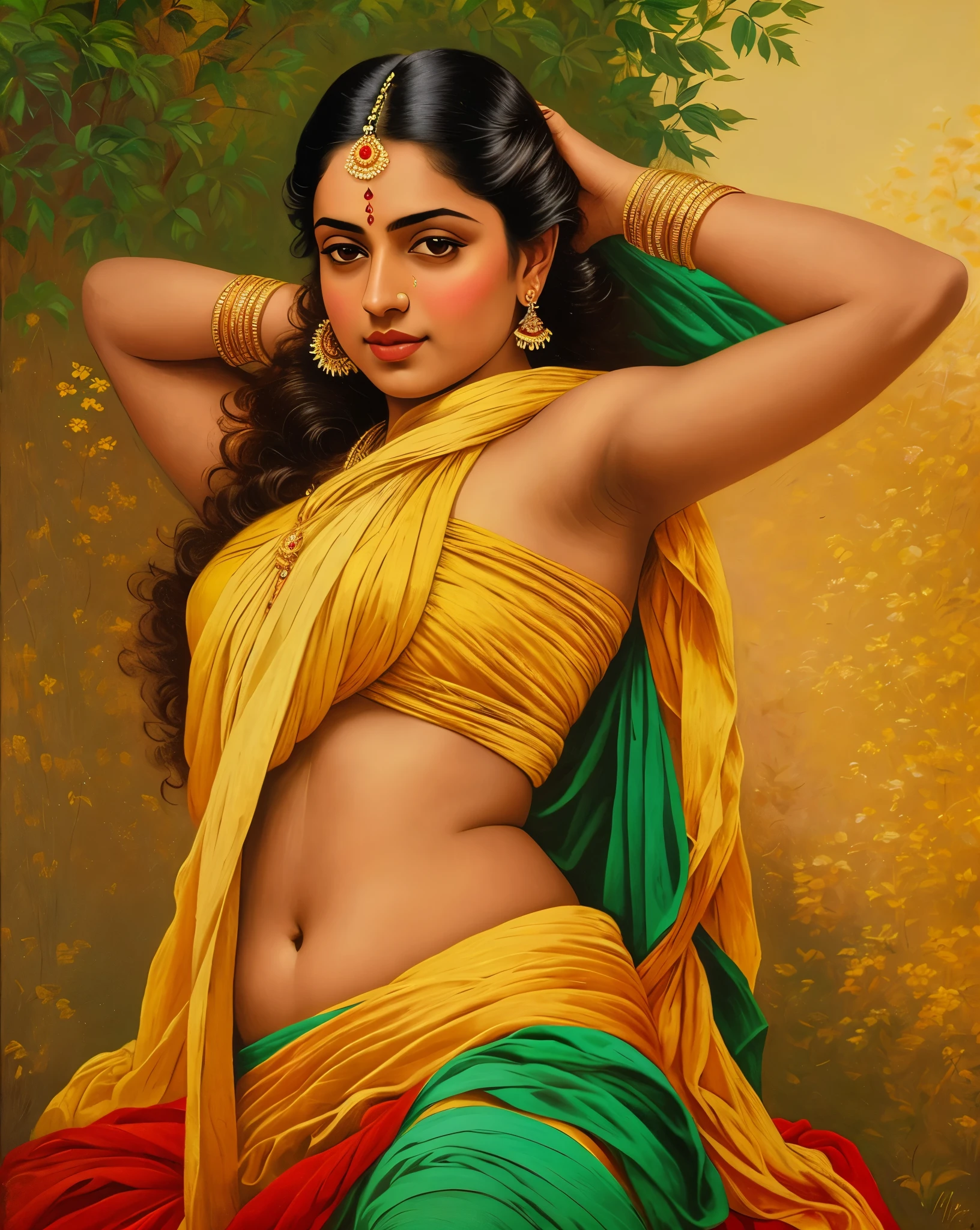 Reclining Nair Lady by artist Raja Ravi Varma, Realistic, 8K, ultra-detailed, intricate,Unreal Engine, midjourney art style impressionism, abstract, (oil painting , dry brushstrokes), negative space, vibrant colours, extremely beautiful lady, gorgeous, perfect thick healthy figure, 
