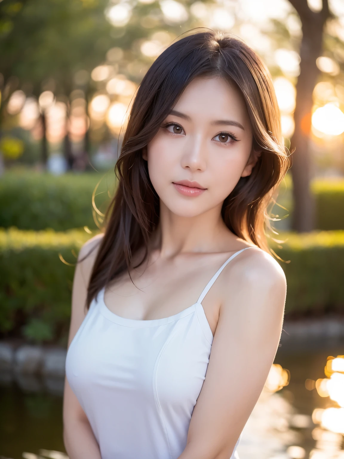 1 Japanese female, 40 years old, very beautiful, (very cute), (Highly detailed beautiful face), wonderful face and eyes, pretty thick hair, different hairstyles, slightly bright eyes, normal makeup, (mini dress with camisole), (highest quality:1.4), (super detailed), Highly detailed CG integrated 8k wallpaper, surreal, (Photoreal:1.4), Raw photo, professional photos, cinematic lighting, realistic portrait, ((Bokeh)), (Depth of the bounds written:1.4), (look at the photographer:1.3), (In a park with a pond), small breasts, Extremely thin waist, (Full body Esbian), accurate eyes, beautiful mouth, (keep your mouth completely closed), (evening:1.3), (look at the camera), (amazing sunset:1.25), sleeveless, melancholy look