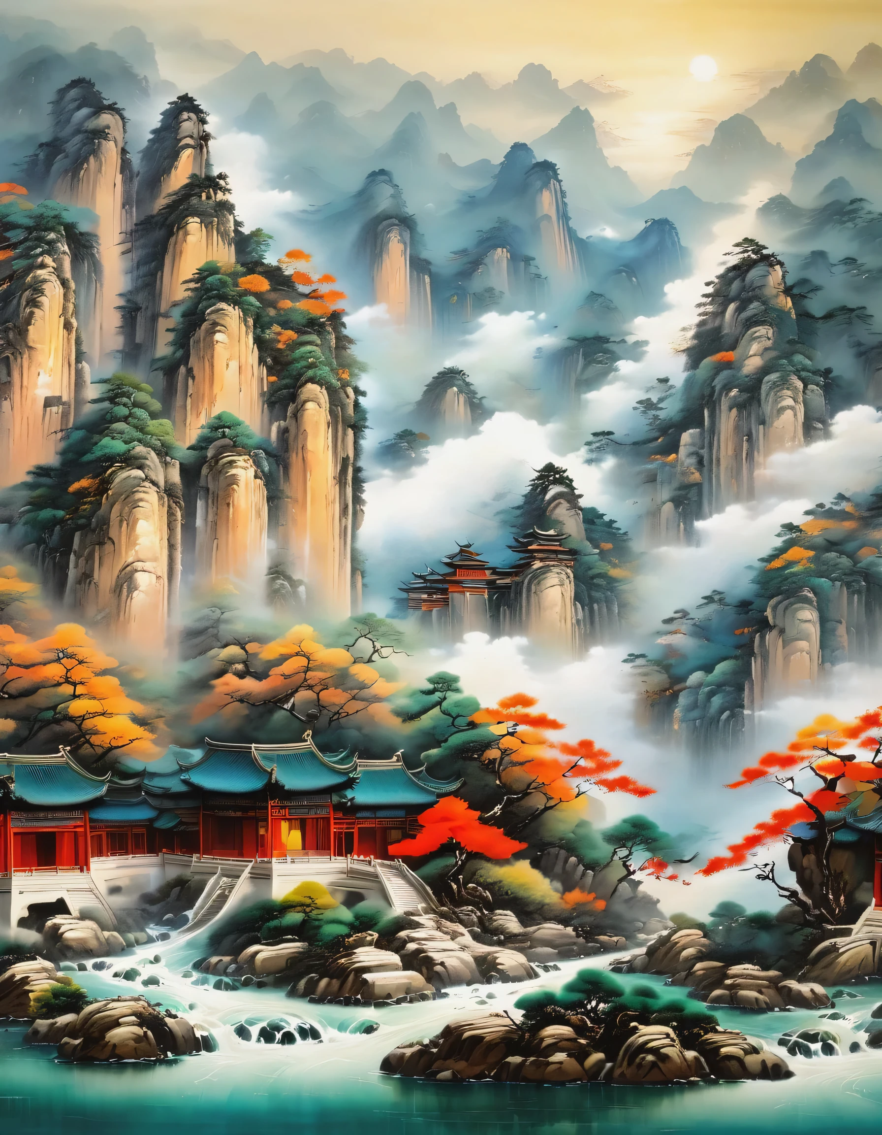 Chinese landscape painting,(landscape artistic conception),(Zen aesthetics),Zen composition,(Ancient Chinese architectural complex),cloud,cliff,Pine trees,(fall),(white deer),Xiao Qiao,flying bird,Rich in light,Takayama,minimalist,extreme details,Unparalleled details,Special effect、Realism and exquisite details,胶片颗粒和鲁Special effect果增加了图像的感和怀旧感。