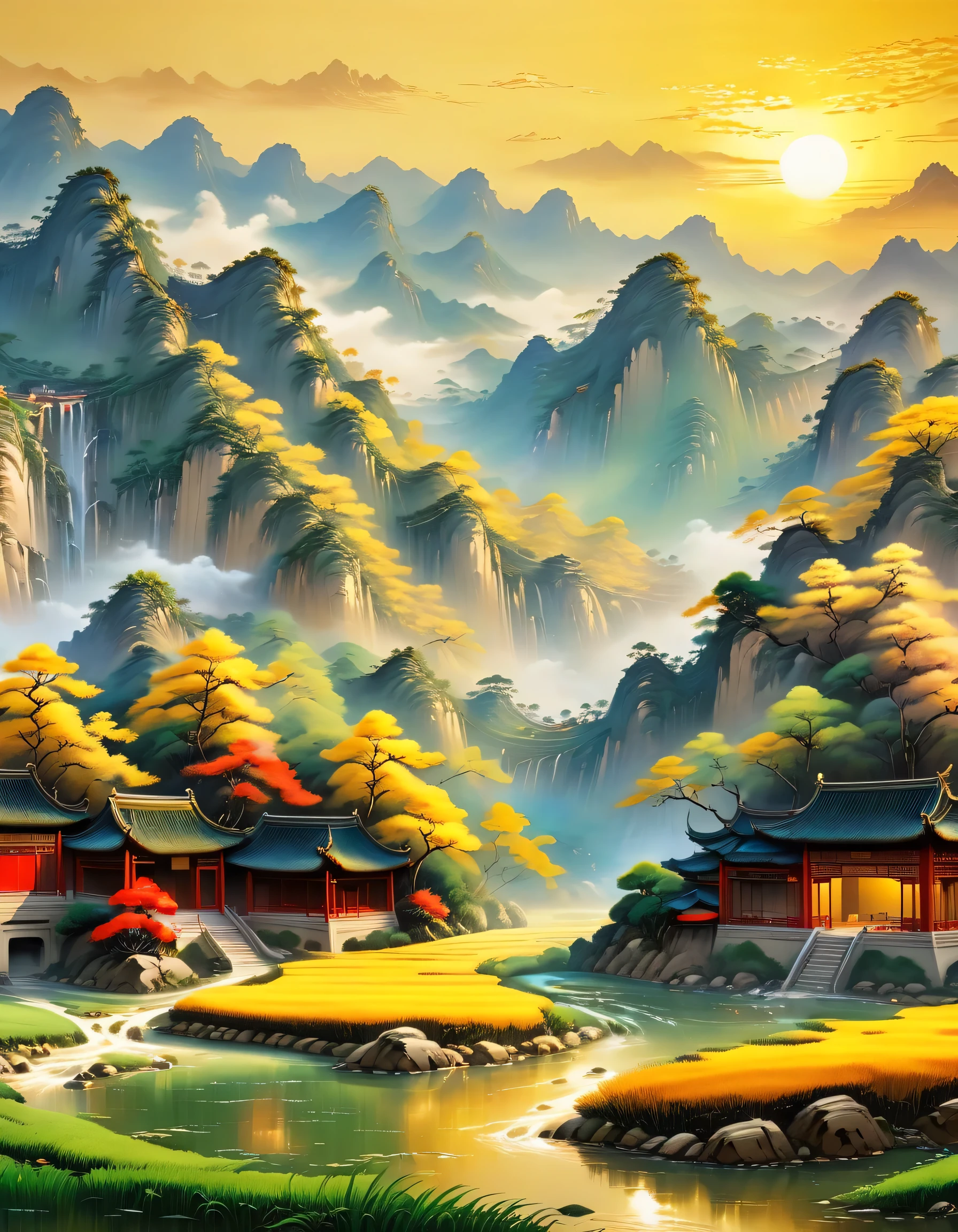 (best picture quality，8k，high resolution，masterpiece)，super detailed，Chinese landscape painting，(landscape artistic conception)，(Zen aesthetics)，Zen composition，summer，Sunlight，nice ???，gold的稻田，gold，happiness，children&#39;laughter，children在稻田里玩耍，Cicada chirping，Beautiful scenery，extremely detailed description，main，bright colors，gold日出，peaceful，golden light，prime time，nature，nature之美,minimalist，extreme details，Unparalleled details，Special effect、Realism and exquisite details，胶片颗粒和鲁Special effect果增加了图像的感和怀旧感