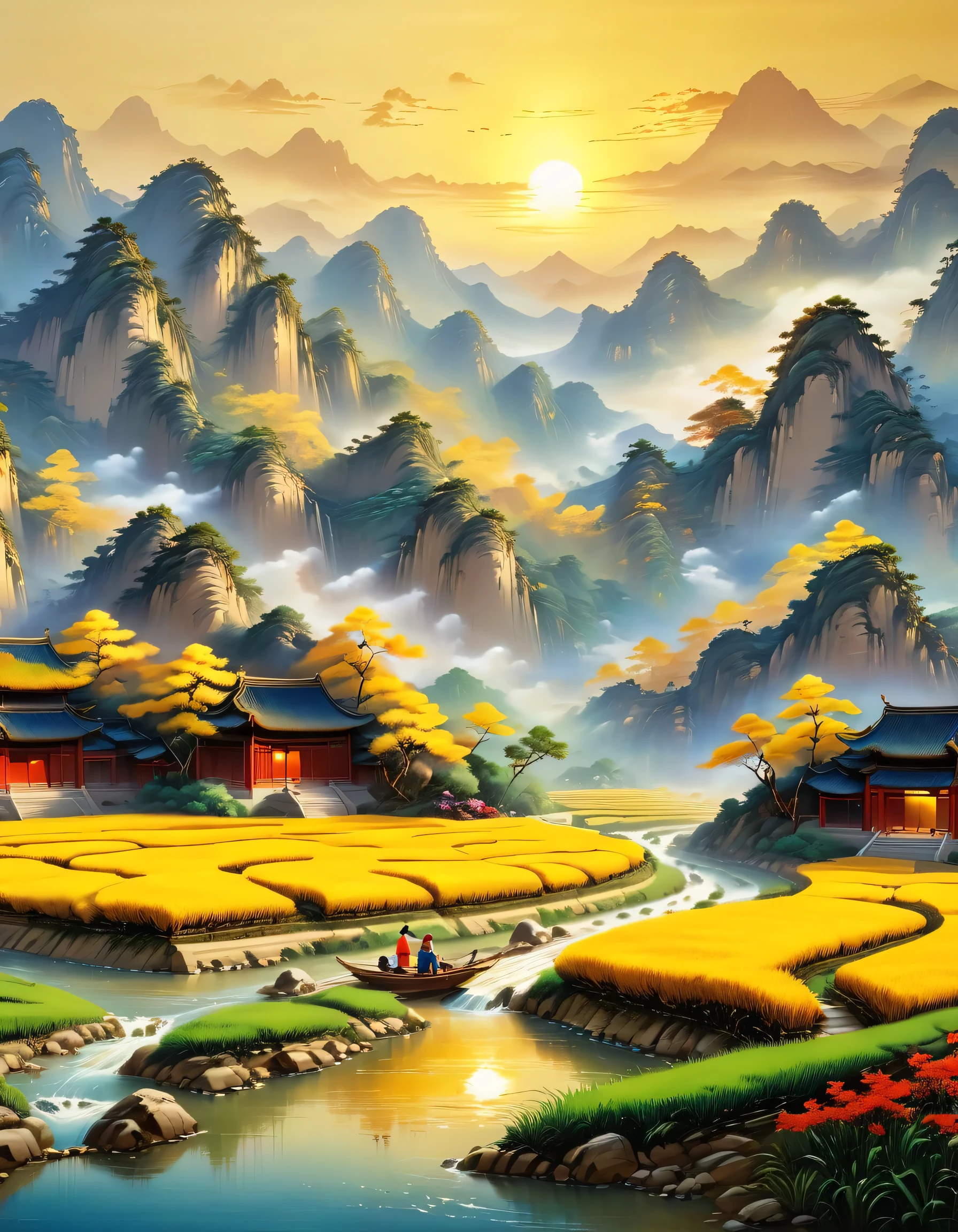 (best picture quality，8k，high resolution，masterpiece)，super detailed，Chinese landscape painting，(landscape artistic conception)，(Zen aesthetics)，Zen composition，summer，Sunlight，nice kid，gold的稻田，gold，happiness，children&#39;laughter，children在稻田里玩耍，Cicada chirping，Beautiful scenery，extremely detailed description，main，bright colors，gold日出，peaceful，golden light，prime time，nature，nature之美,minimalist，extreme details，Unparalleled details，Special effect、Realism and exquisite details，胶片颗粒和鲁Special effect果增加了图像的感和怀旧感