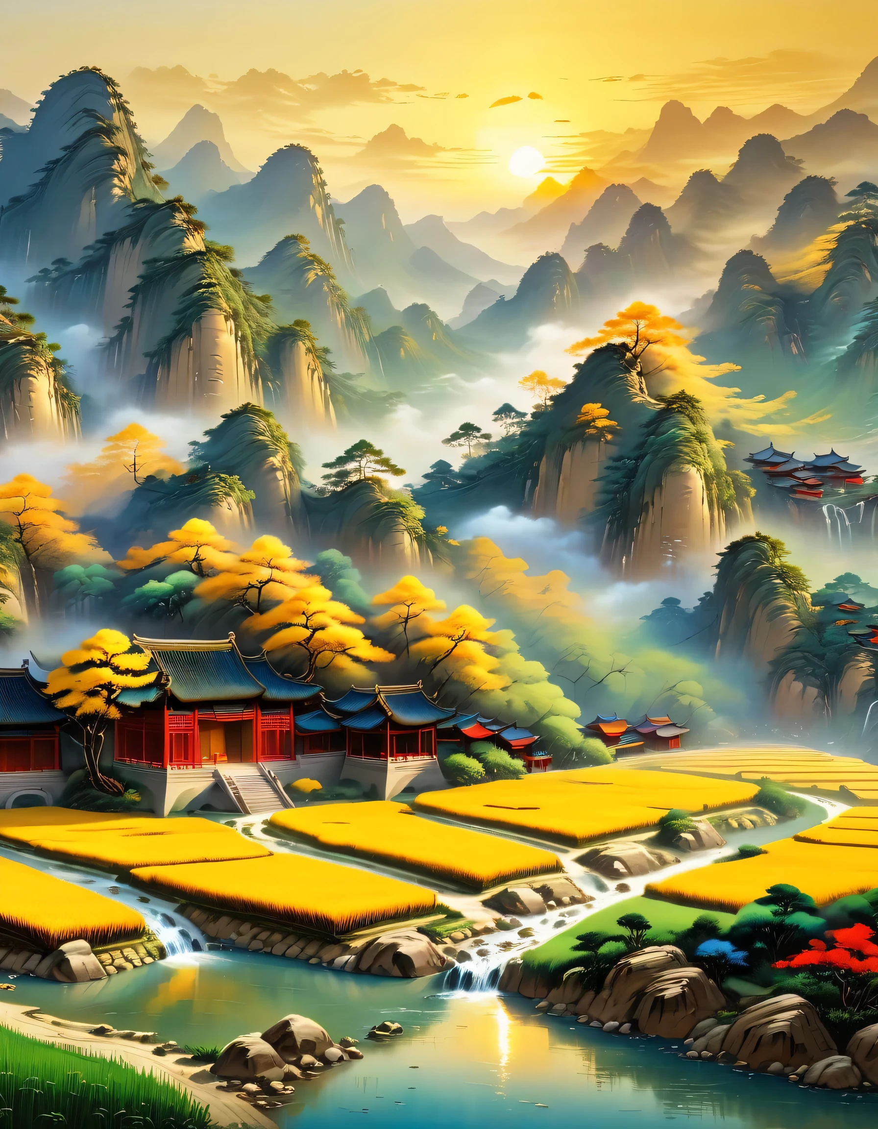 (best picture quality,8k,high resolution,masterpiece),super detailed,Chinese landscape painting,(landscape artistic conception),(Zen aesthetics),Zen composition,summer,Sunlight,nice kid,gold的稻田,gold,happiness,children'laughter,children在稻田里玩耍,Cicada chirping,Beautiful scenery,extremely detailed description,main,bright colors,gold日出,peaceful,golden light,prime time,nature,nature之美,minimalist,extreme details,Unparalleled details,Special effect、Realism and exquisite details,胶片颗粒和鲁Special effect果增加了图像的感和怀旧感